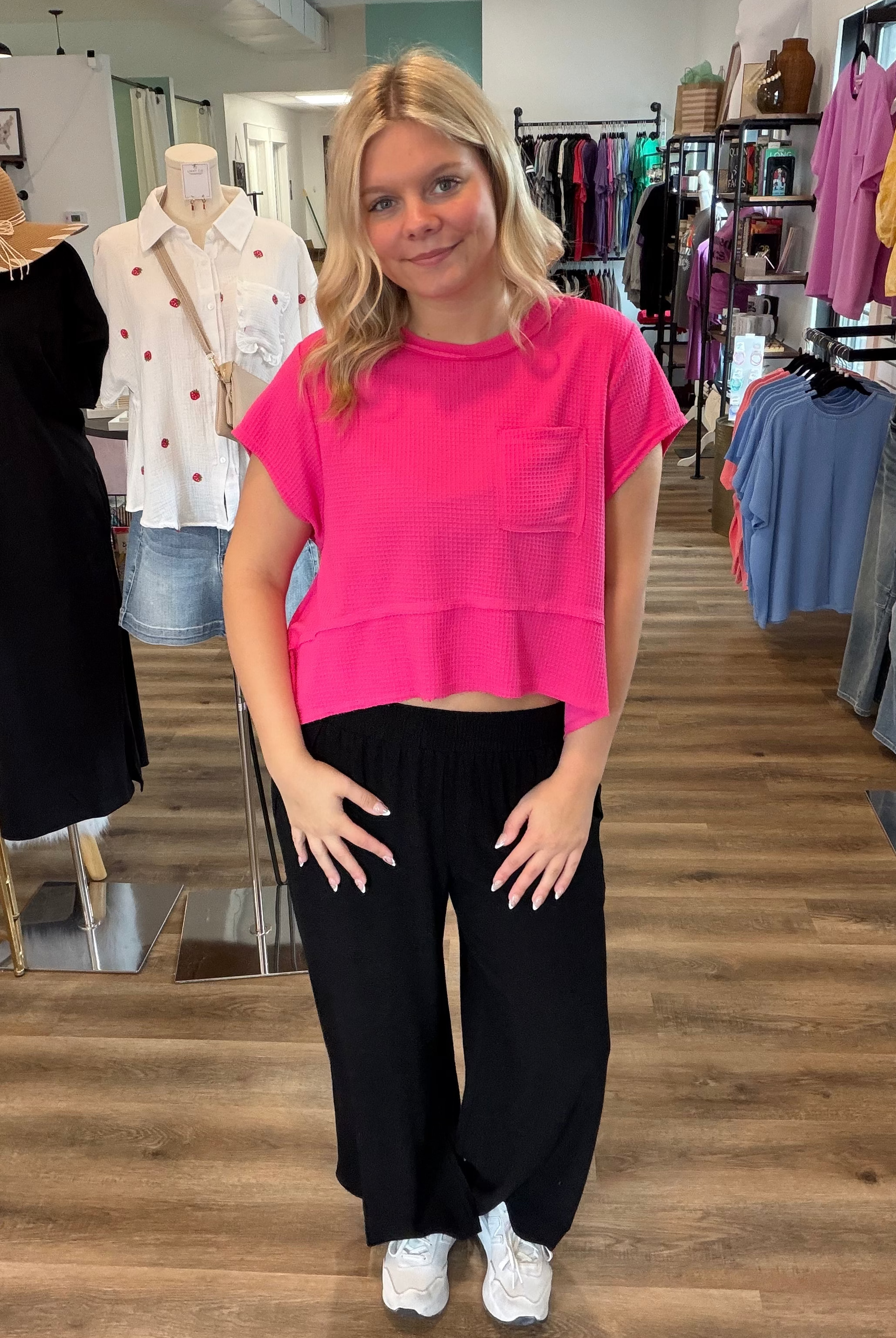 Shop Linen Blend Scallop Hem Wide Leg Pants - Black- at Ruby Joy Boutique, a Women's Clothing Store in Pickerington, Ohio