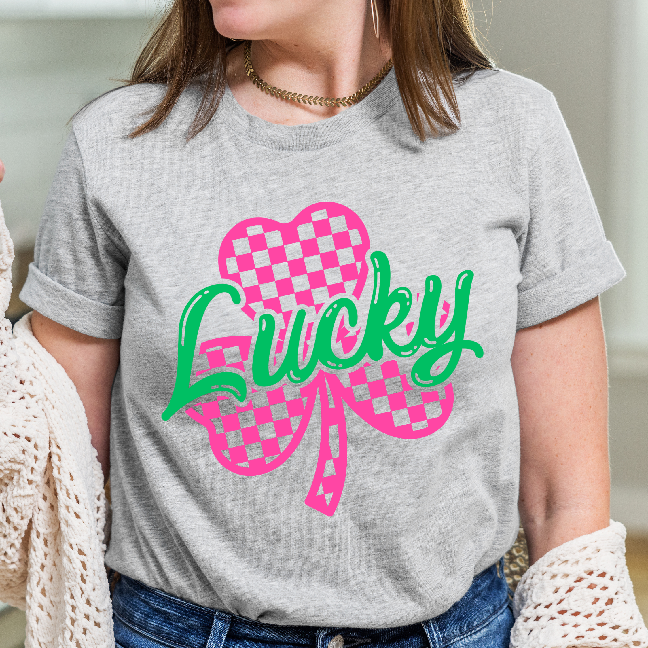 Shop Lucky Checkered Shamrock | St. Patrick's Day Graphic Top-Tee at Ruby Joy Boutique, a Women's Clothing Store in Pickerington, Ohio