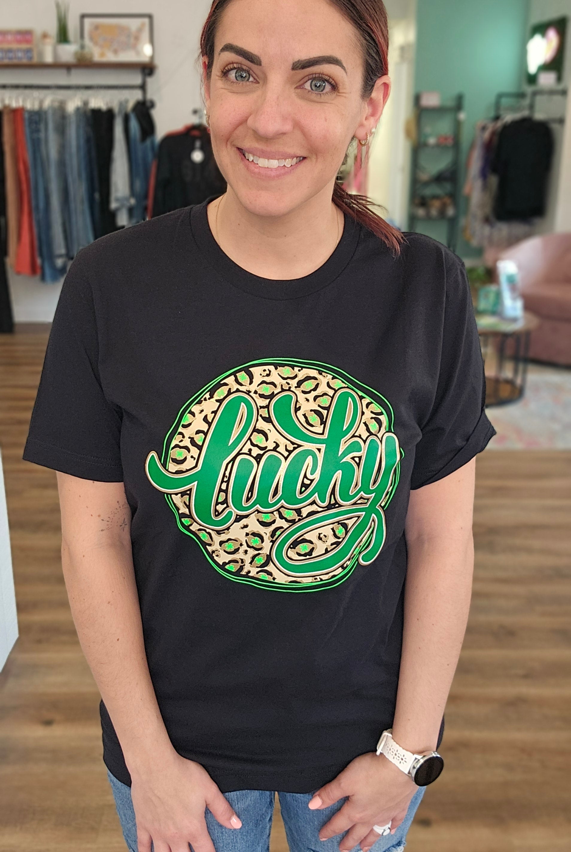Shop Lucky Leopard and Gold St Patrick's Day Graphic Tee-Graphic Tee at Ruby Joy Boutique, a Women's Clothing Store in Pickerington, Ohio