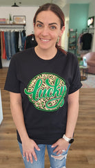 Shop Lucky Leopard and Gold St Patrick's Day Graphic Tee-Graphic Tee at Ruby Joy Boutique, a Women's Clothing Store in Pickerington, Ohio