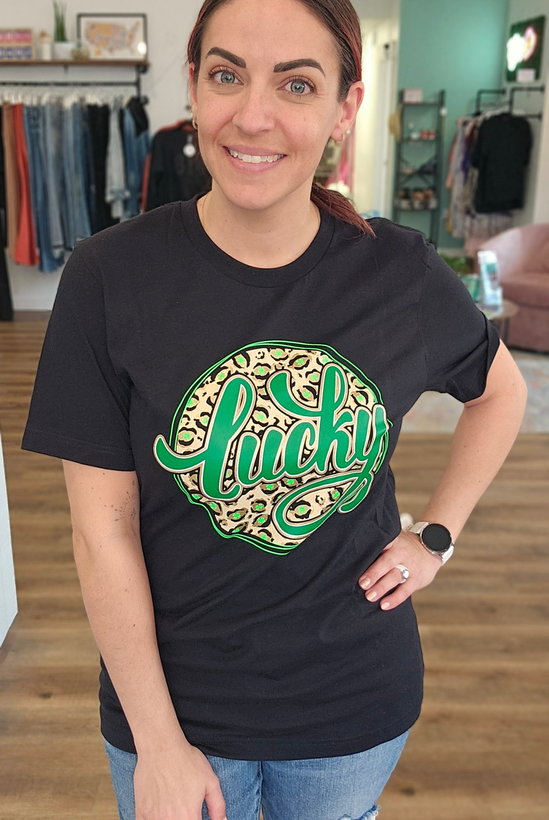 Shop Lucky Leopard and Gold St Patrick's Day Graphic Tee-Graphic Tee at Ruby Joy Boutique, a Women's Clothing Store in Pickerington, Ohio