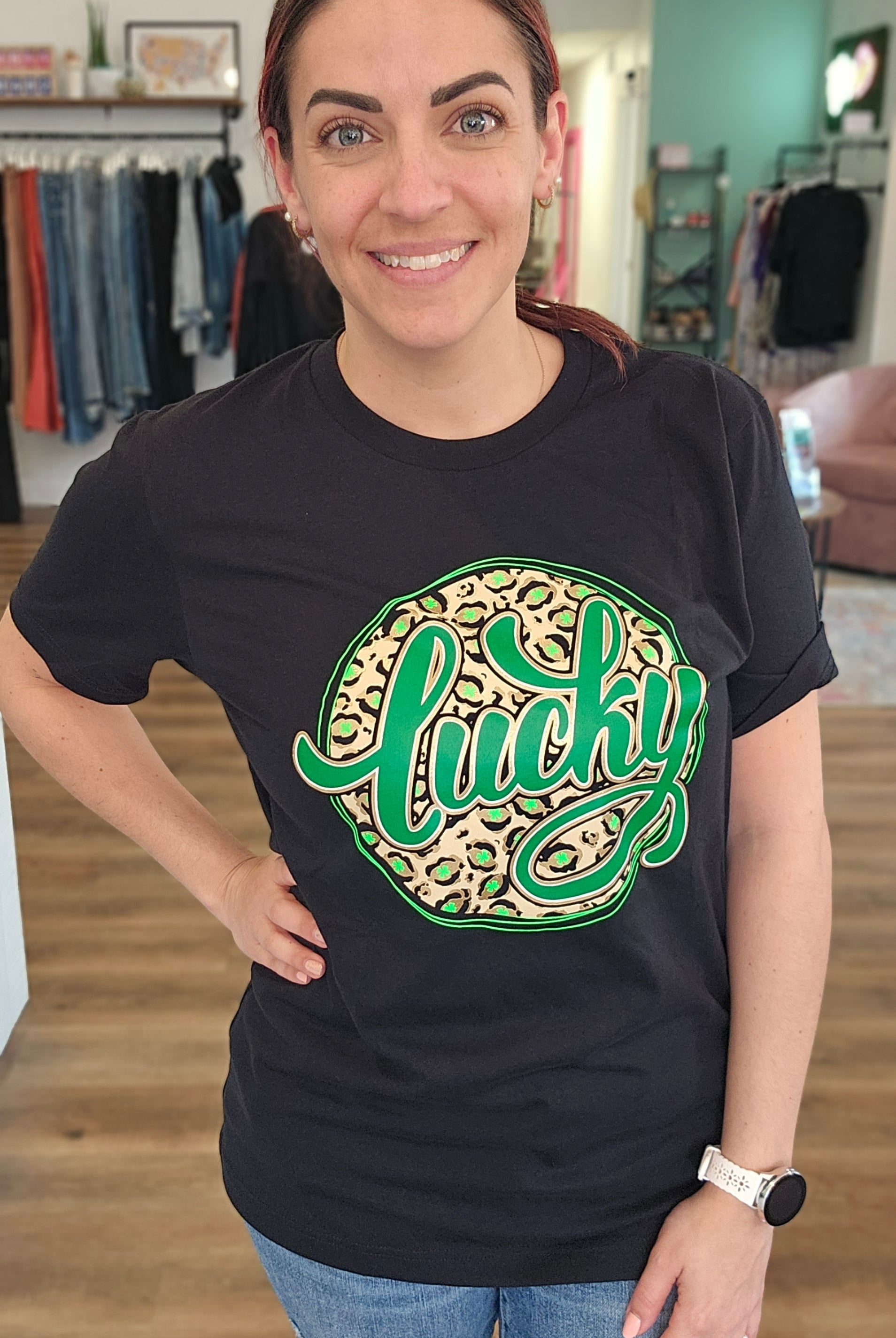Shop Lucky Leopard and Gold St Patrick's Day Graphic Tee-Graphic Tee at Ruby Joy Boutique, a Women's Clothing Store in Pickerington, Ohio