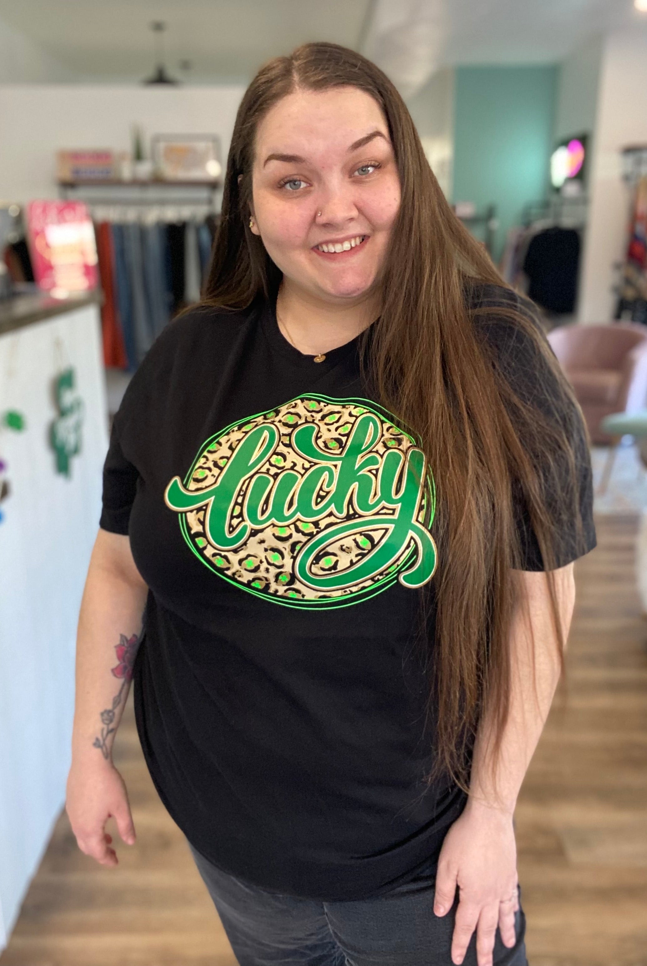 Shop Lucky Leopard and Gold St Patrick's Day Graphic Tee-Graphic Tee at Ruby Joy Boutique, a Women's Clothing Store in Pickerington, Ohio
