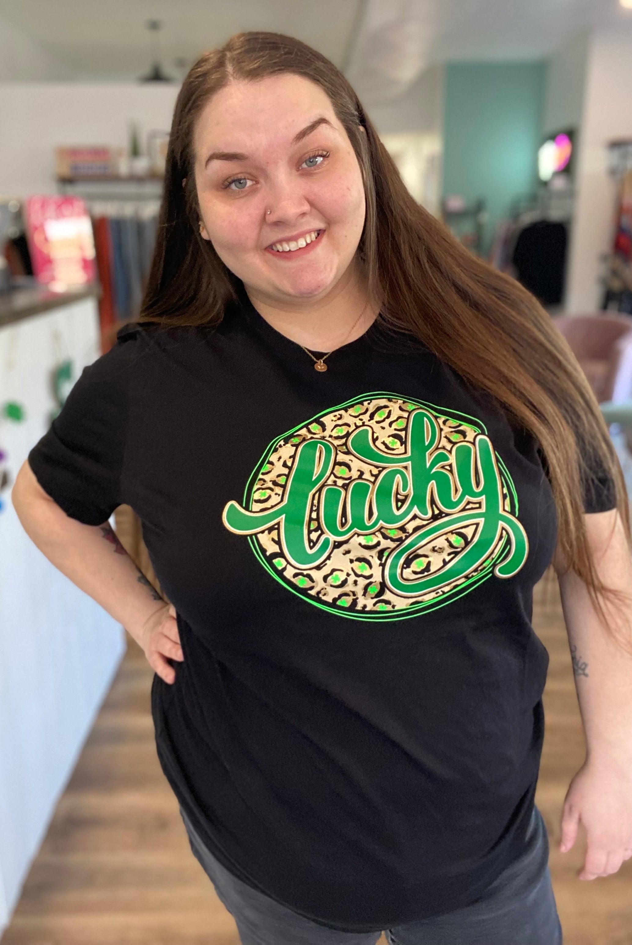 Shop Lucky Leopard and Gold St Patrick's Day Graphic Tee-Graphic Tee at Ruby Joy Boutique, a Women's Clothing Store in Pickerington, Ohio