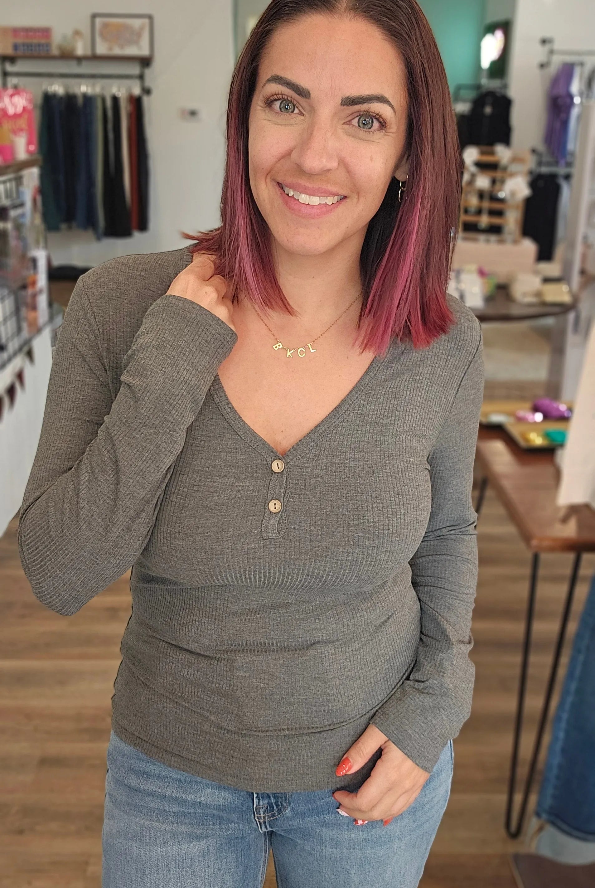 Shop Luxe Ribbed Henley Button Top - Charcoal Gray- at Ruby Joy Boutique, a Women's Clothing Store in Pickerington, Ohio