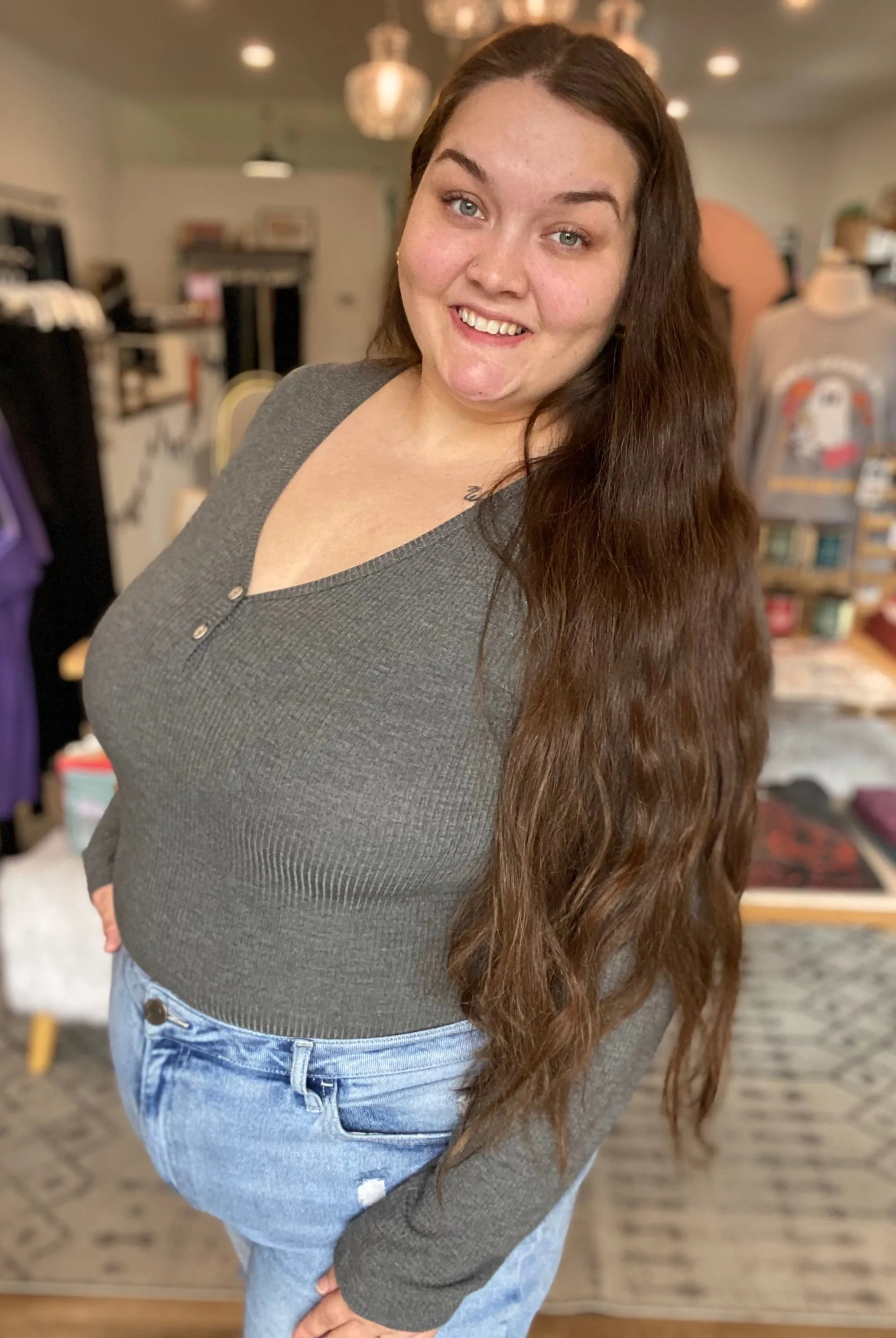 Shop Luxe Ribbed Henley Button Top - Charcoal Gray- at Ruby Joy Boutique, a Women's Clothing Store in Pickerington, Ohio