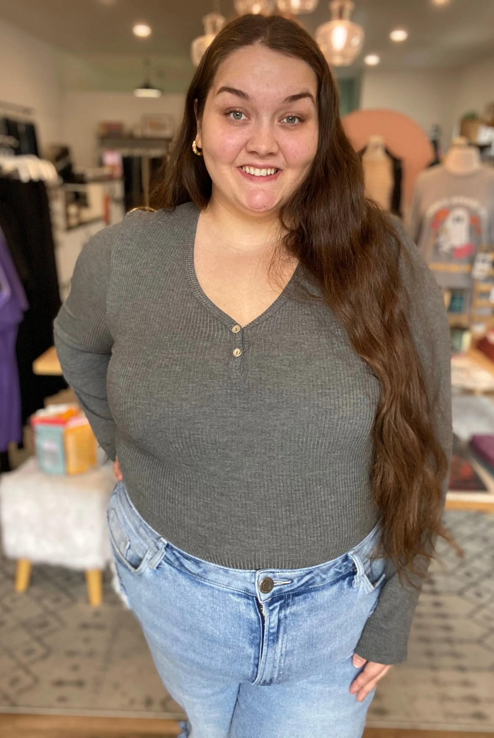 Shop Luxe Ribbed Henley Button Top - Charcoal Gray- at Ruby Joy Boutique, a Women's Clothing Store in Pickerington, Ohio