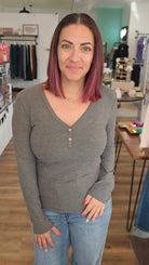 Shop Luxe Ribbed Henley Button Top - Charcoal Gray- at Ruby Joy Boutique, a Women's Clothing Store in Pickerington, Ohio