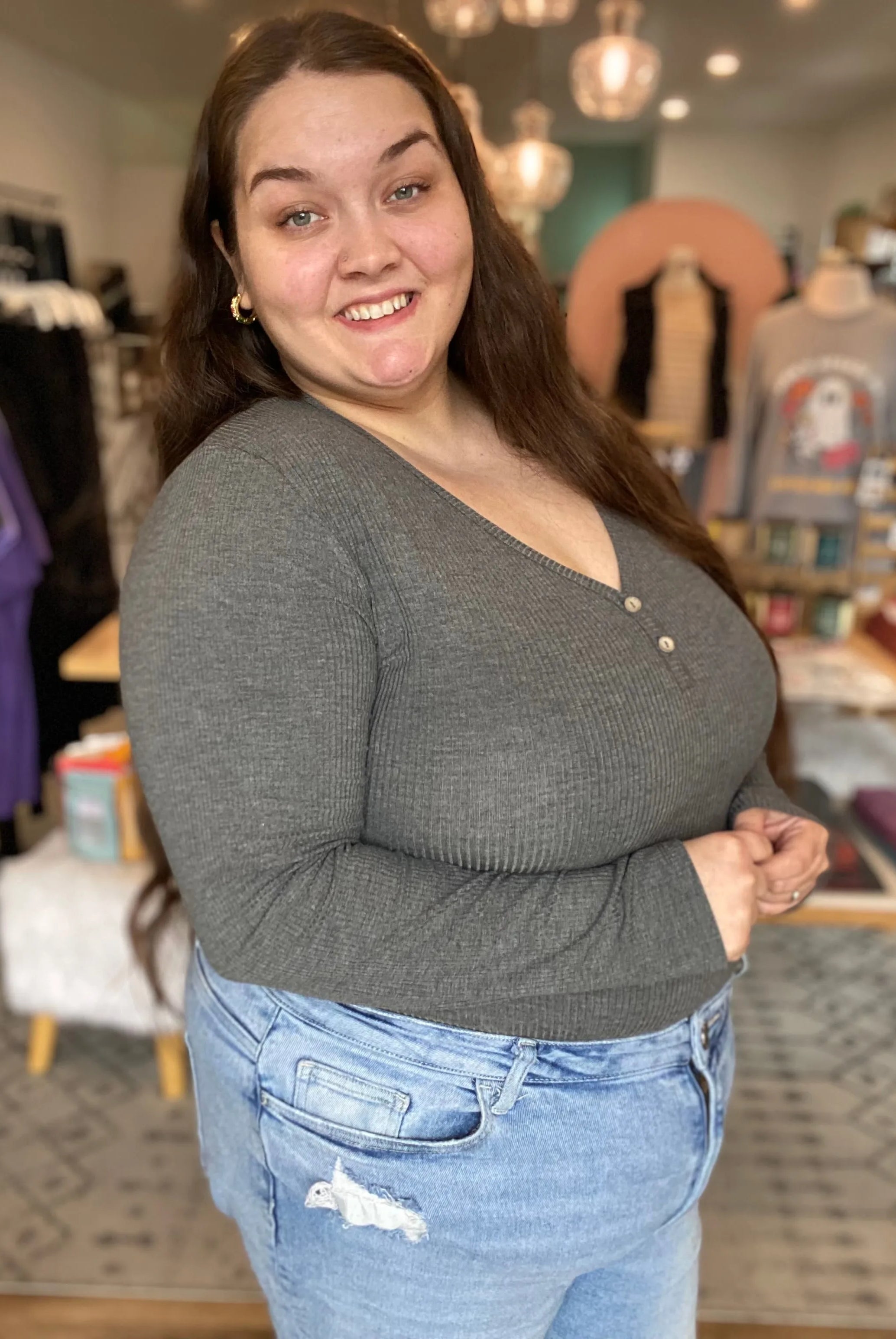Shop Luxe Ribbed Henley Button Top - Charcoal Gray- at Ruby Joy Boutique, a Women's Clothing Store in Pickerington, Ohio