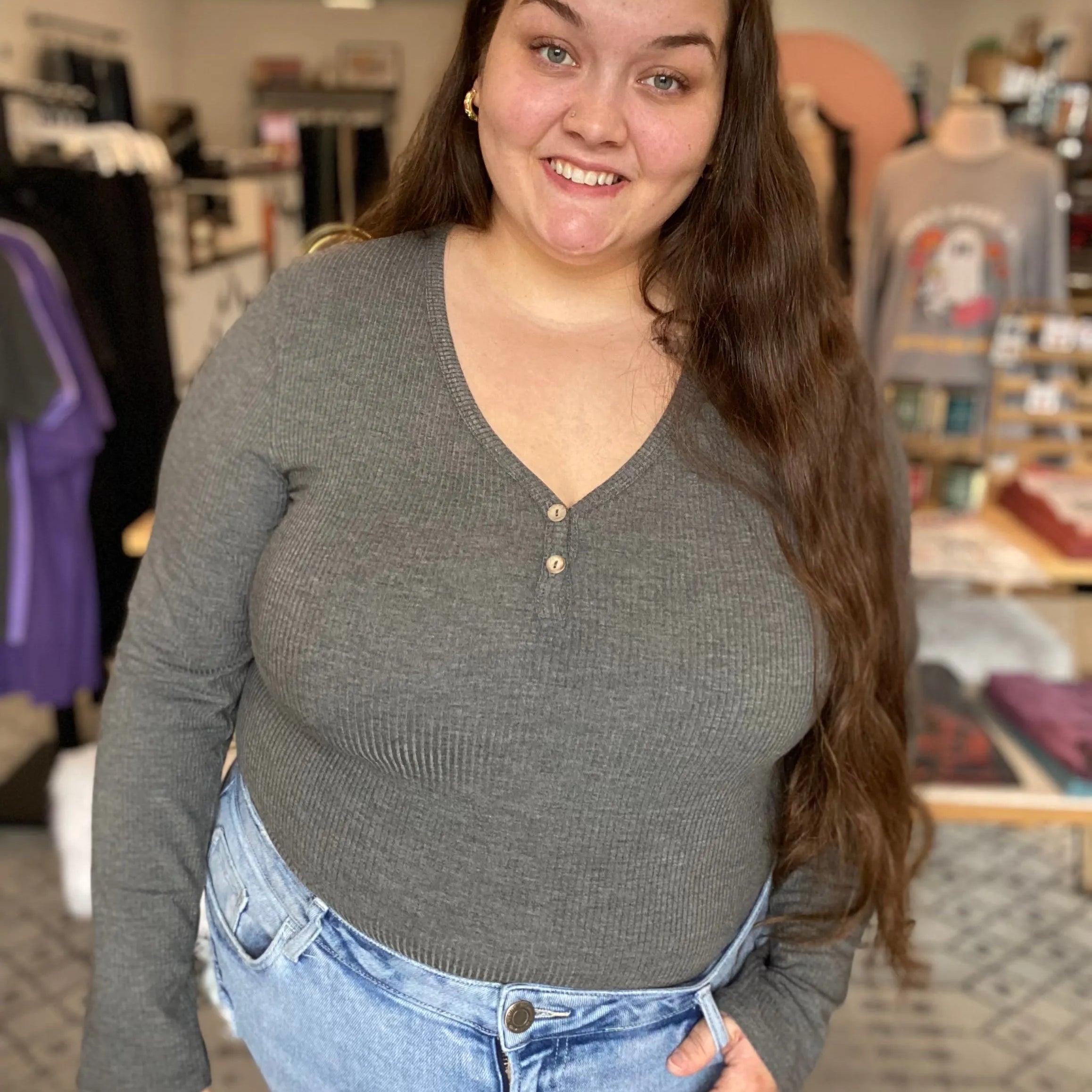 Shop Luxe Ribbed Henley Button Top - Charcoal Gray- at Ruby Joy Boutique, a Women's Clothing Store in Pickerington, Ohio