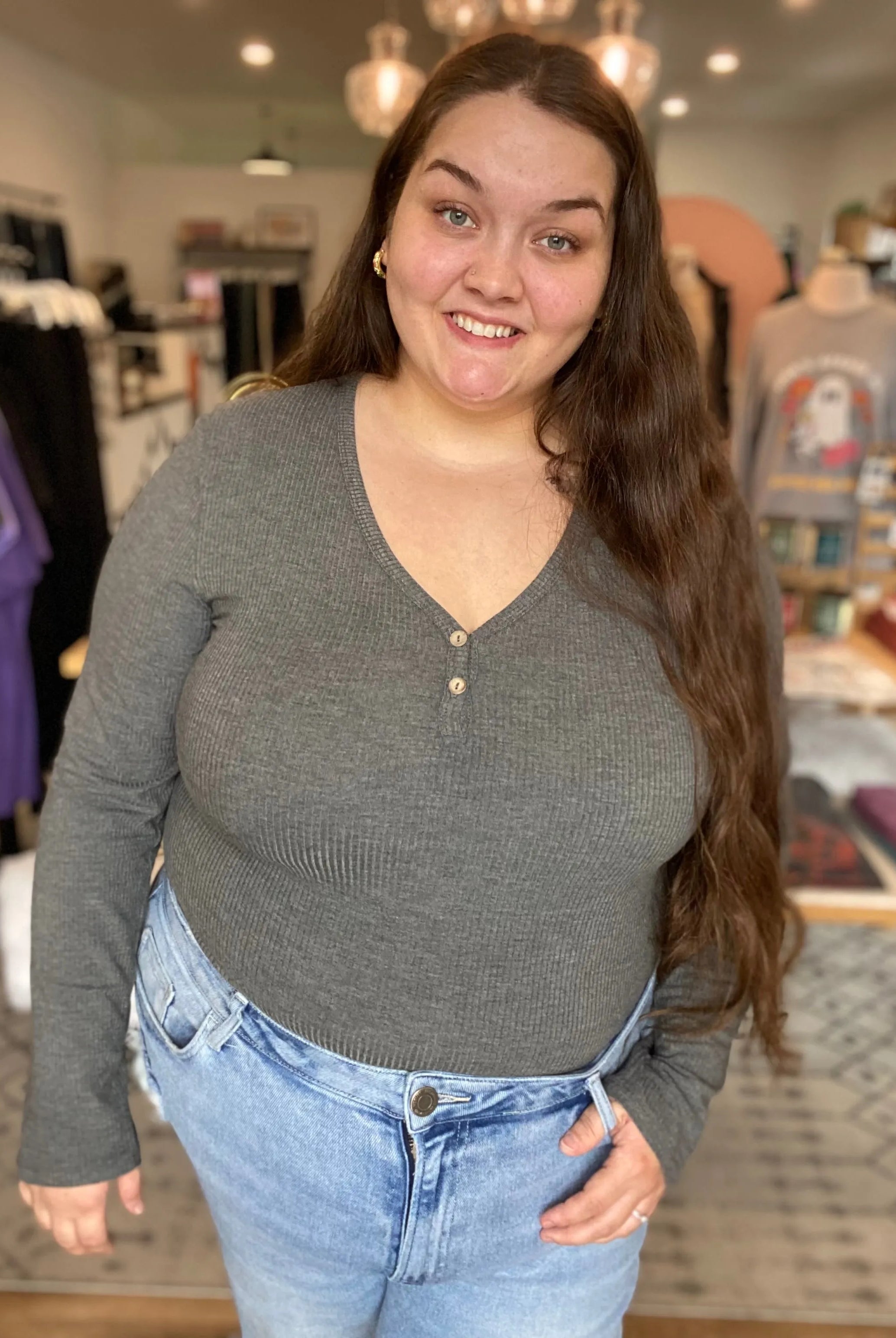 Shop Luxe Ribbed Henley Button Top - Charcoal Gray- at Ruby Joy Boutique, a Women's Clothing Store in Pickerington, Ohio