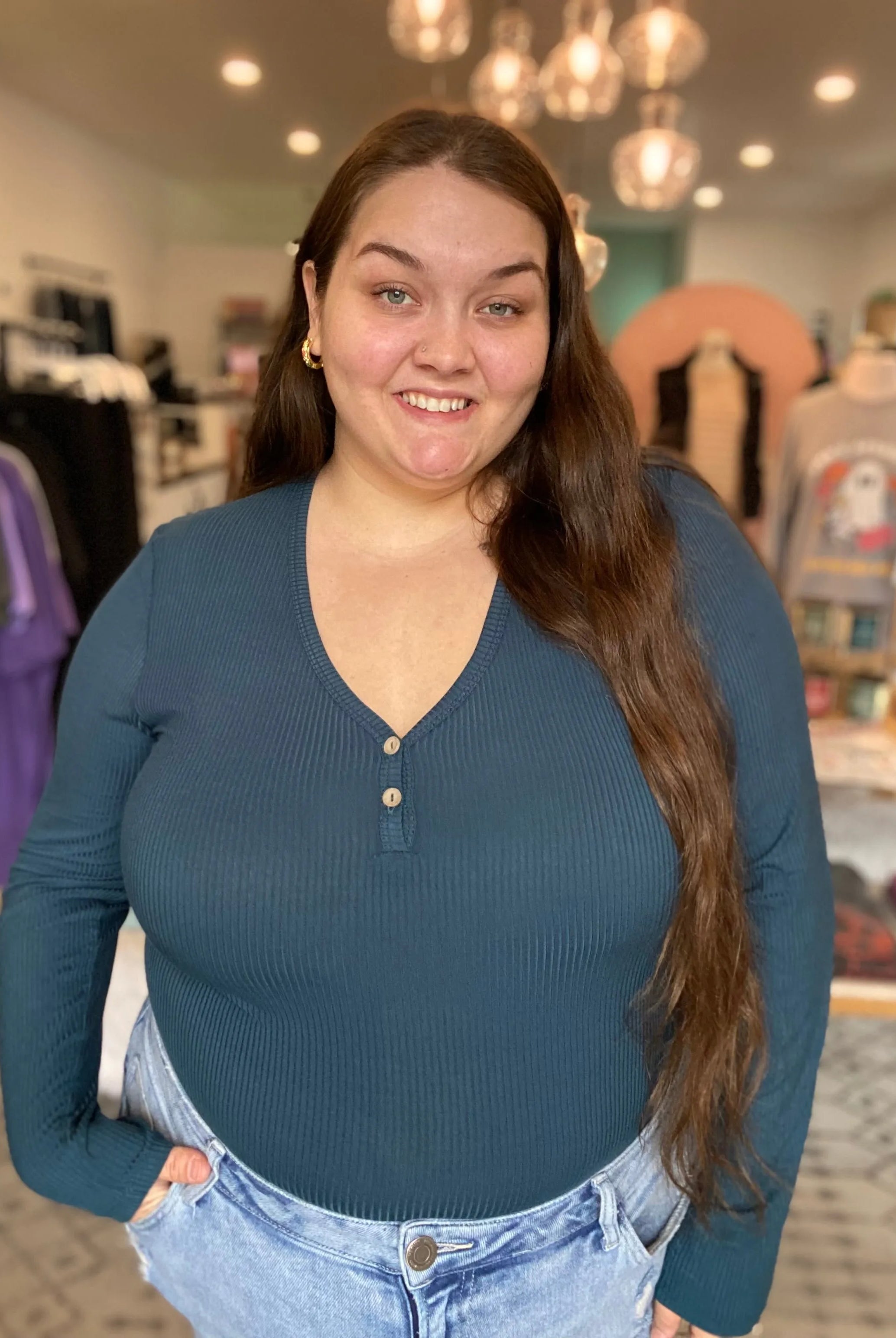 Shop Luxe Ribbed Henley Button Top - Peacock Blue- at Ruby Joy Boutique, a Women's Clothing Store in Pickerington, Ohio