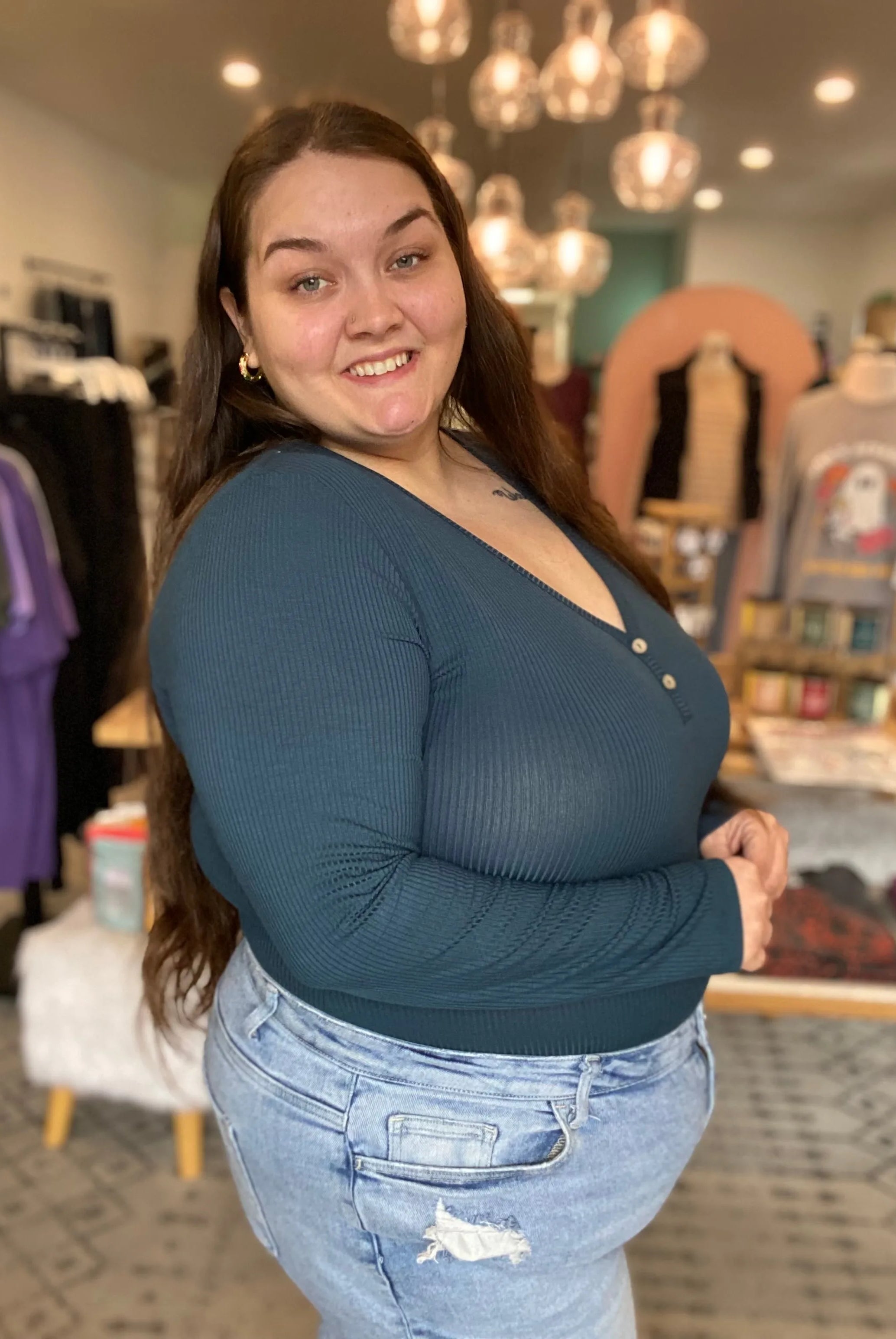 Shop Luxe Ribbed Henley Button Top - Peacock Blue- at Ruby Joy Boutique, a Women's Clothing Store in Pickerington, Ohio