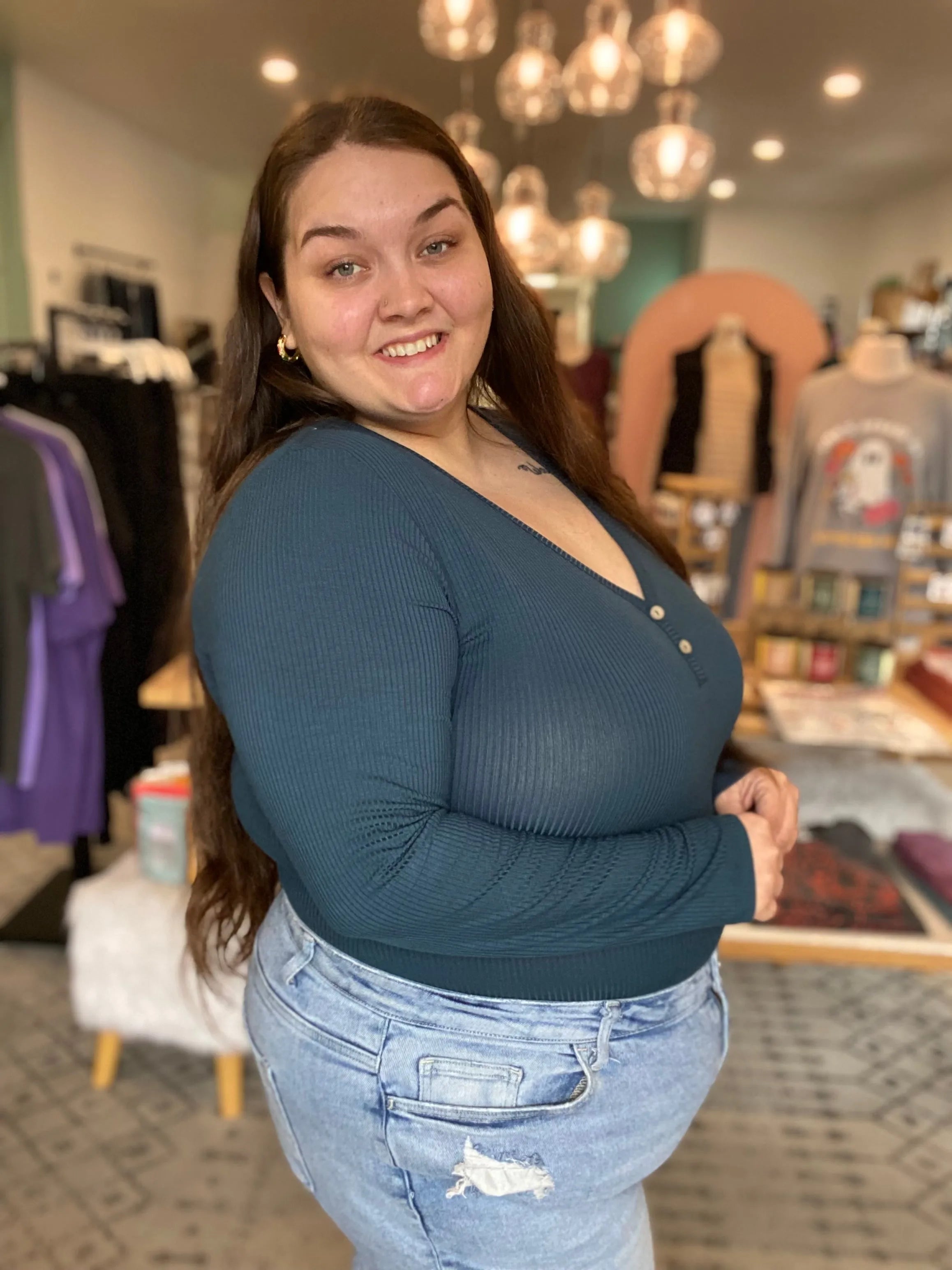 Shop Luxe Ribbed Henley Button Top - Peacock Blue- at Ruby Joy Boutique, a Women's Clothing Store in Pickerington, Ohio
