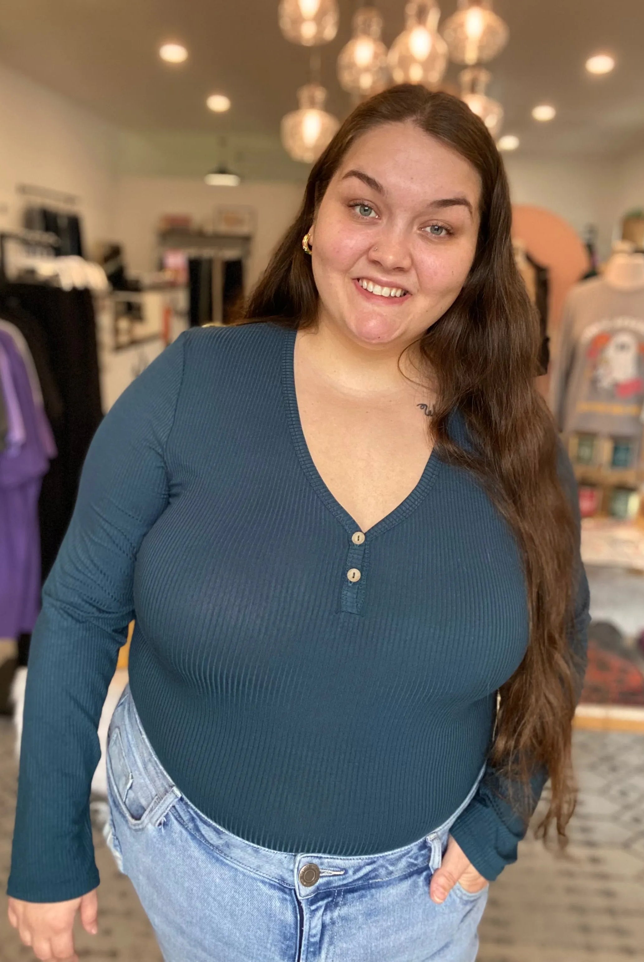 Shop Luxe Ribbed Henley Button Top - Peacock Blue- at Ruby Joy Boutique, a Women's Clothing Store in Pickerington, Ohio