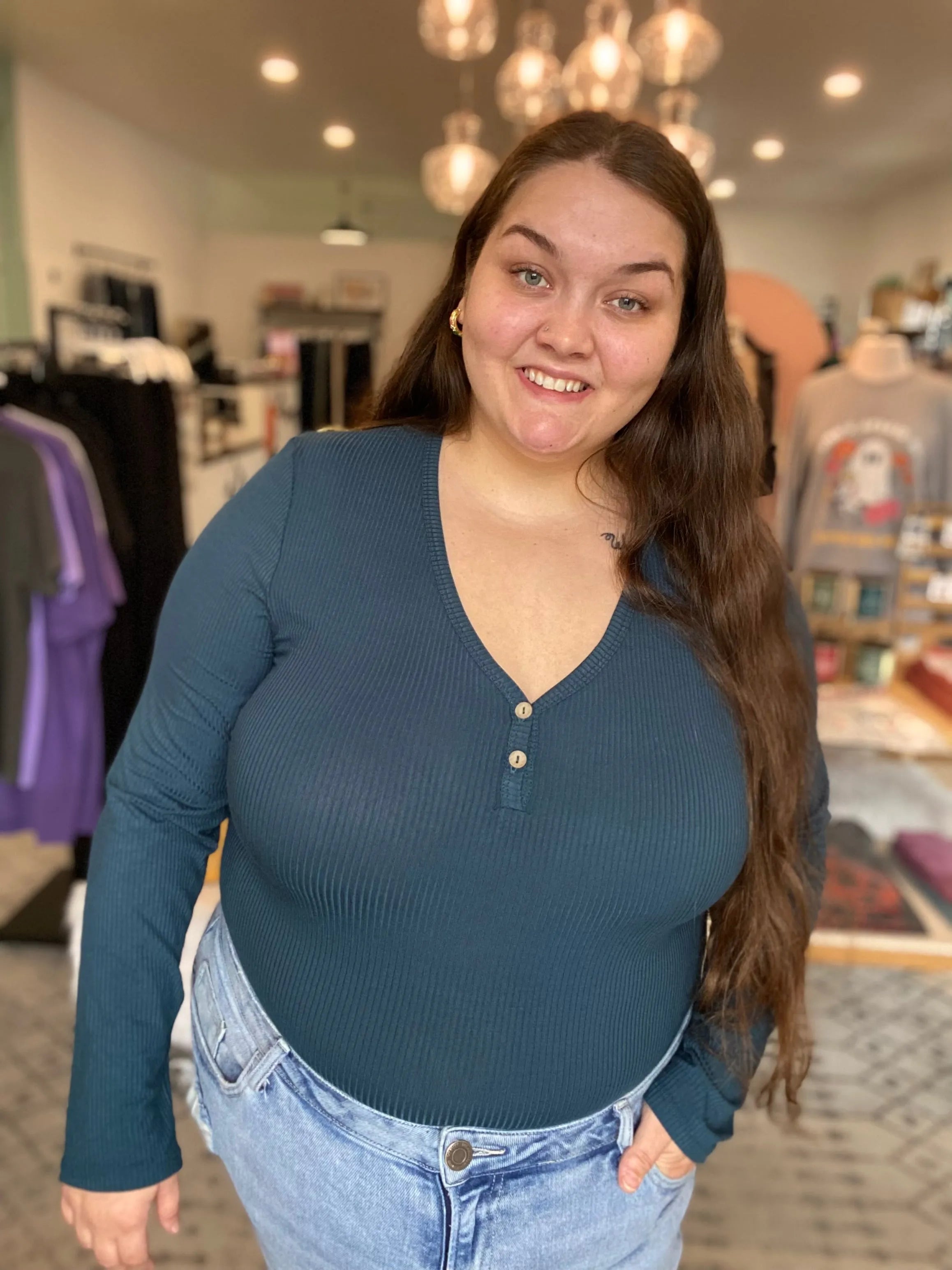 Shop Luxe Ribbed Henley Button Top - Peacock Blue- at Ruby Joy Boutique, a Women's Clothing Store in Pickerington, Ohio