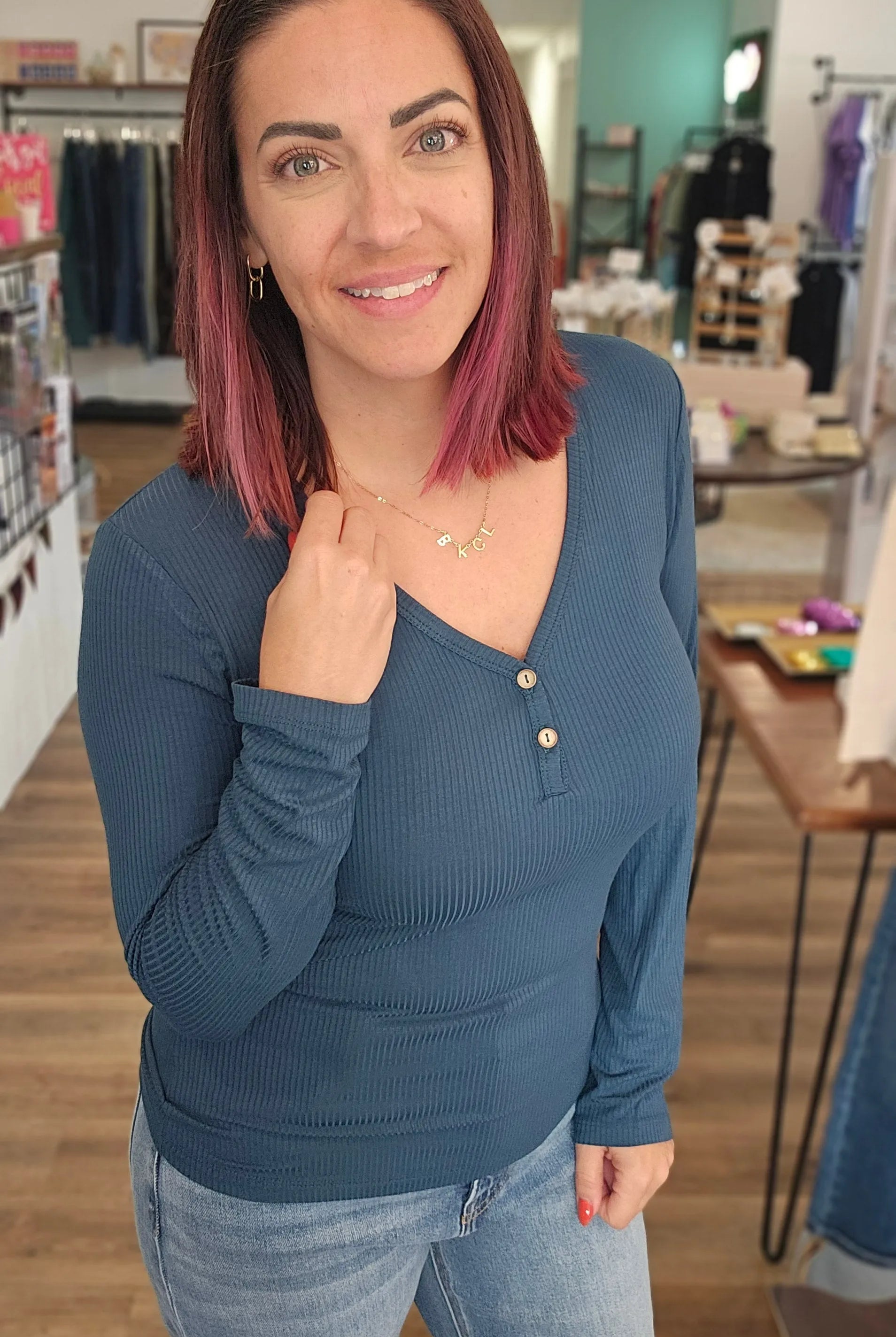 Shop Luxe Ribbed Henley Button Top - Peacock Blue- at Ruby Joy Boutique, a Women's Clothing Store in Pickerington, Ohio