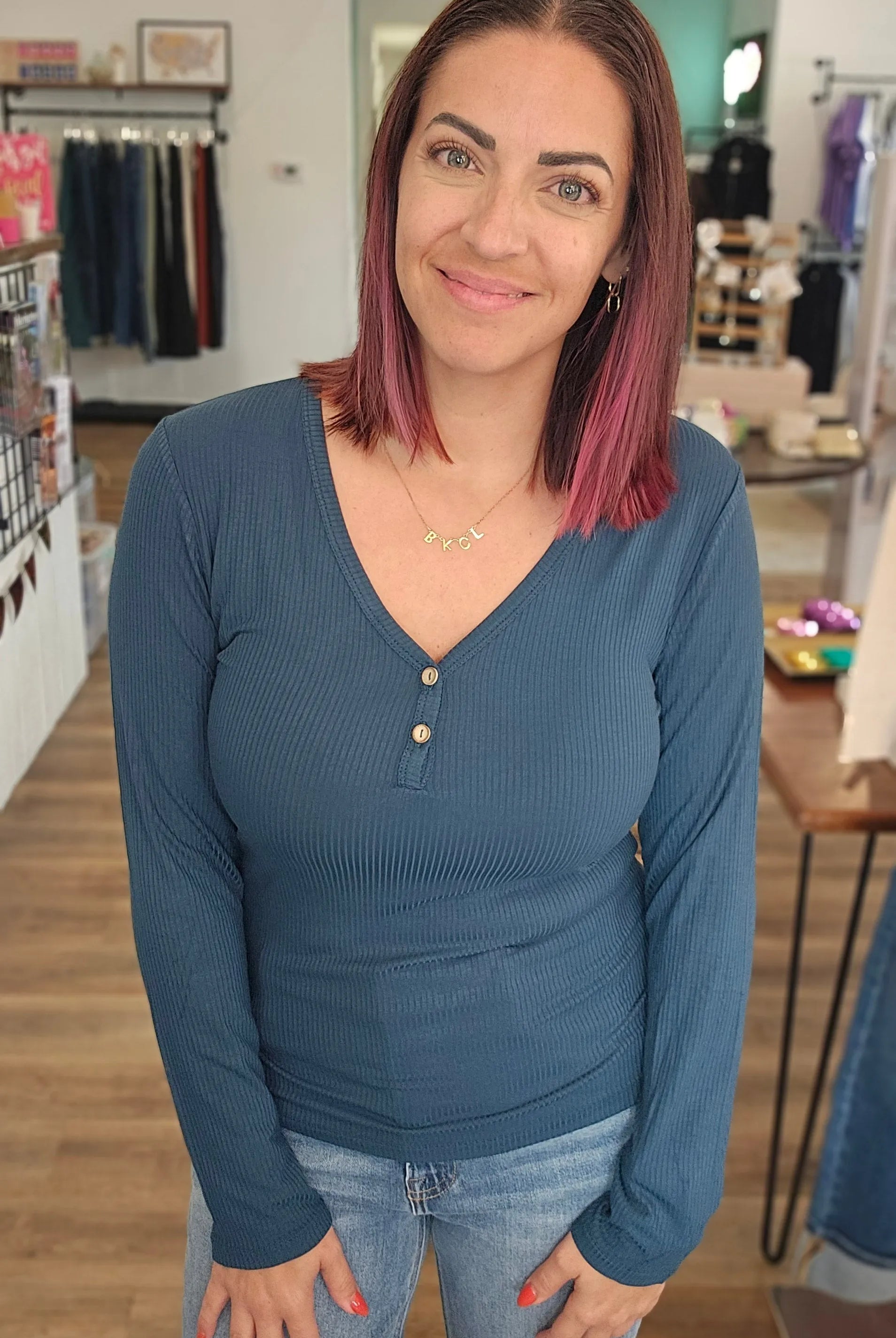 Shop Luxe Ribbed Henley Button Top - Peacock Blue- at Ruby Joy Boutique, a Women's Clothing Store in Pickerington, Ohio