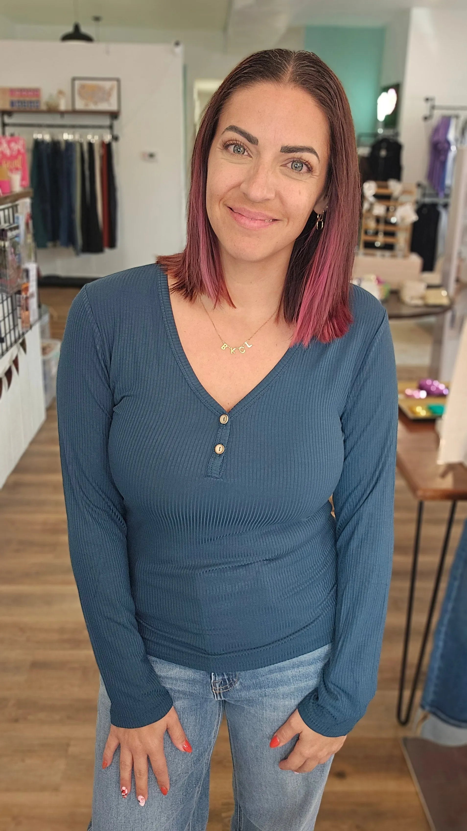 Shop Luxe Ribbed Henley Button Top - Peacock Blue- at Ruby Joy Boutique, a Women's Clothing Store in Pickerington, Ohio
