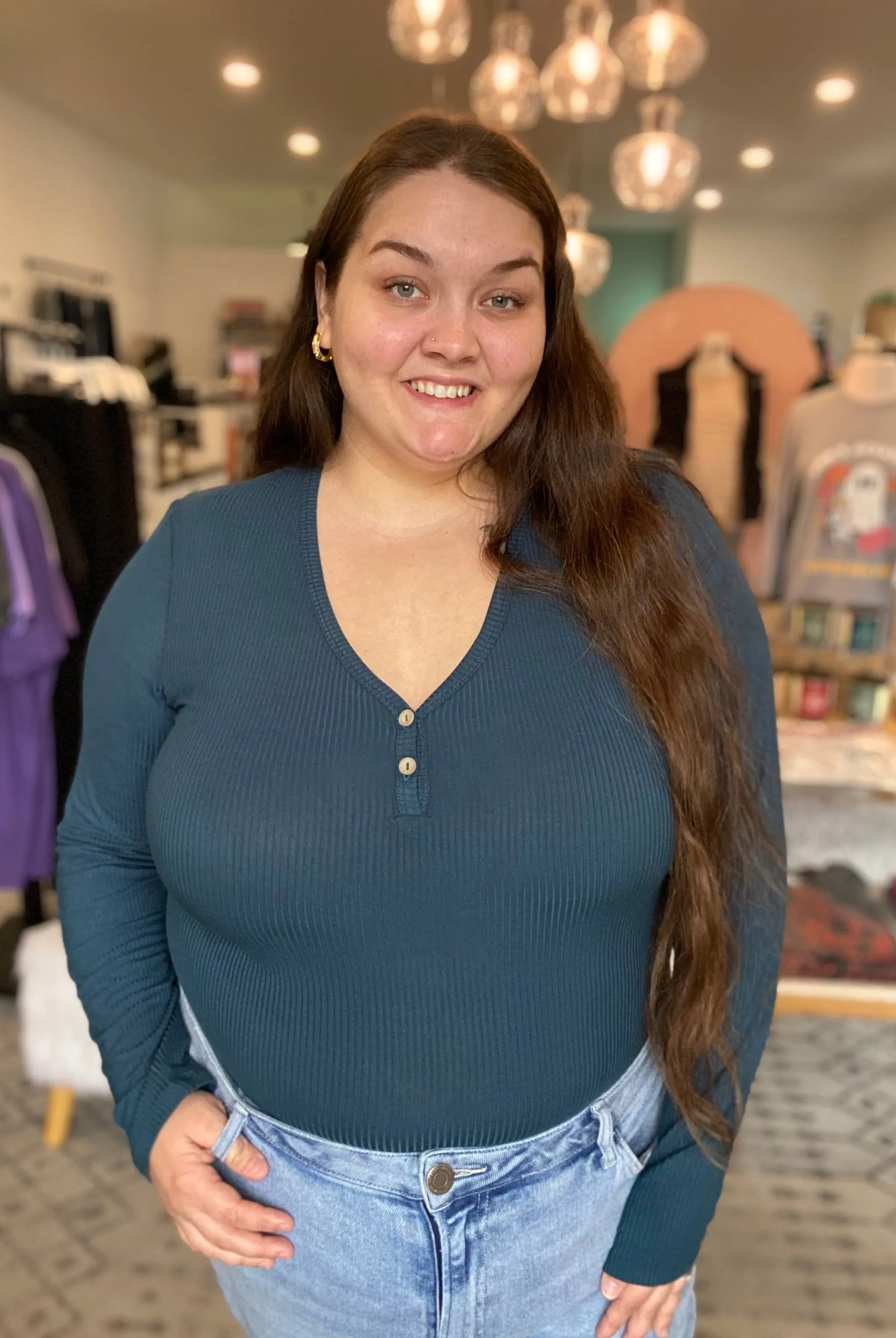 Shop Luxe Ribbed Henley Button Top - Peacock Blue- at Ruby Joy Boutique, a Women's Clothing Store in Pickerington, Ohio