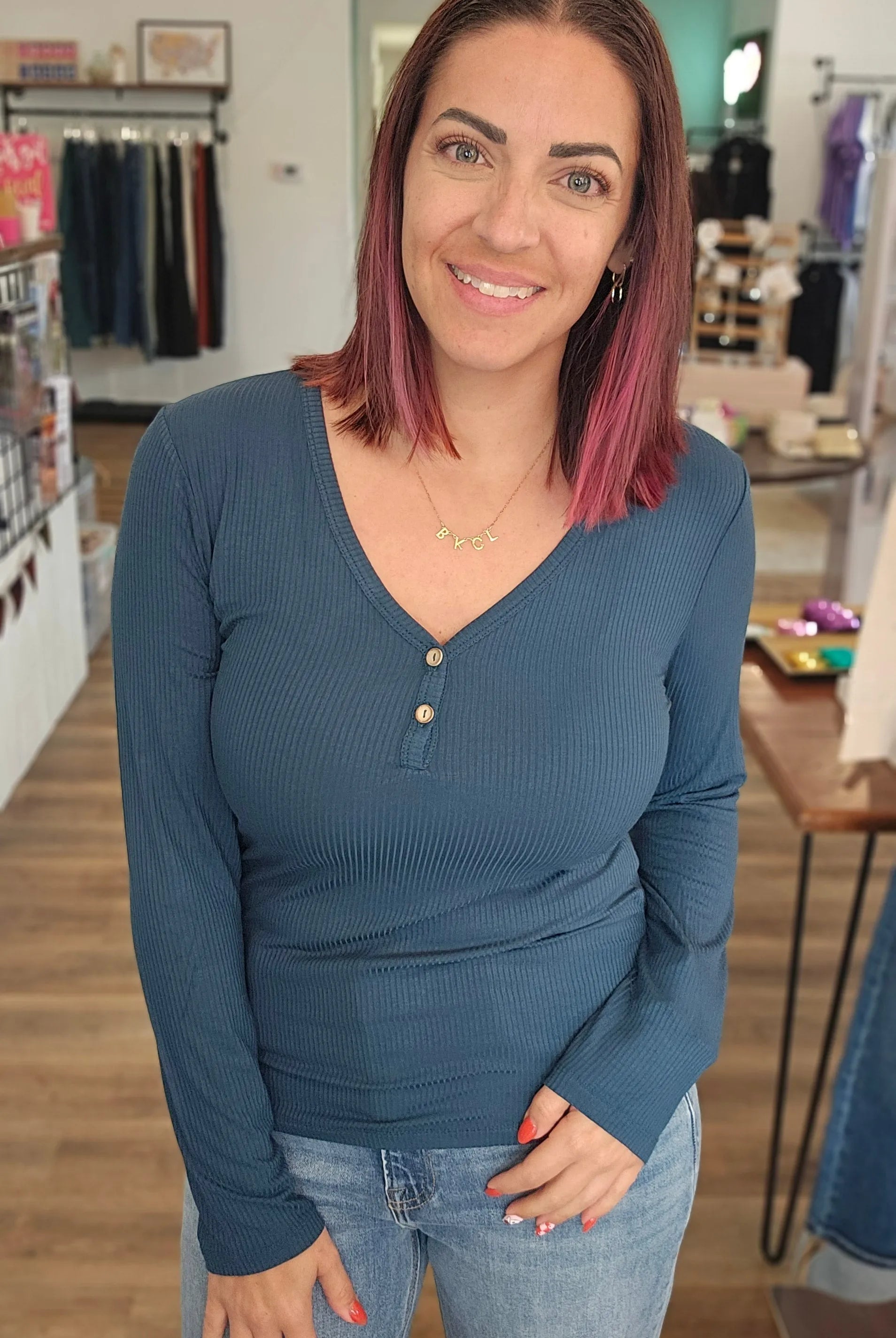Shop Luxe Ribbed Henley Button Top - Peacock Blue- at Ruby Joy Boutique, a Women's Clothing Store in Pickerington, Ohio