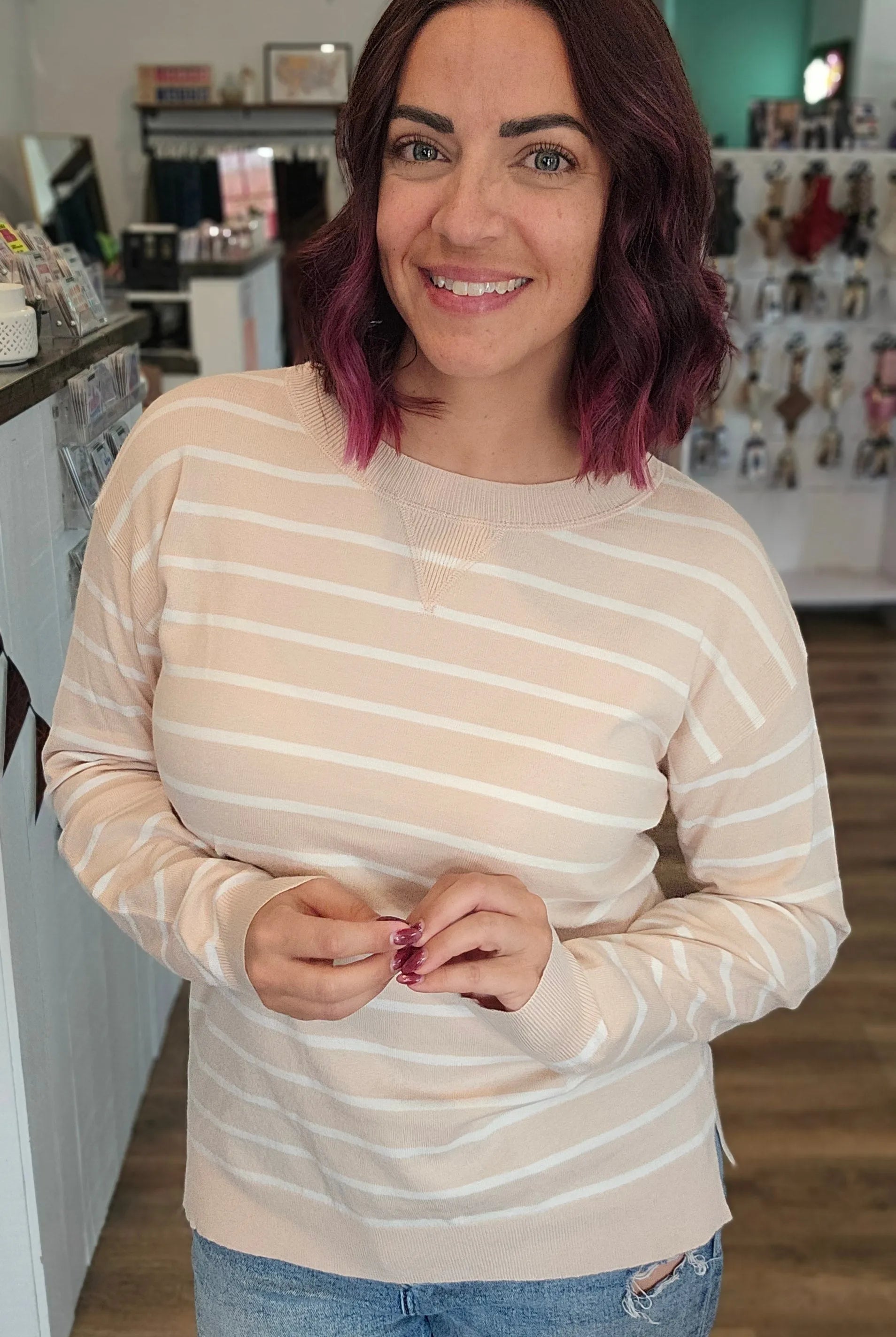 Shop Luxe Striped Sweater - Oatmeal & White- at Ruby Joy Boutique, a Women's Clothing Store in Pickerington, Ohio