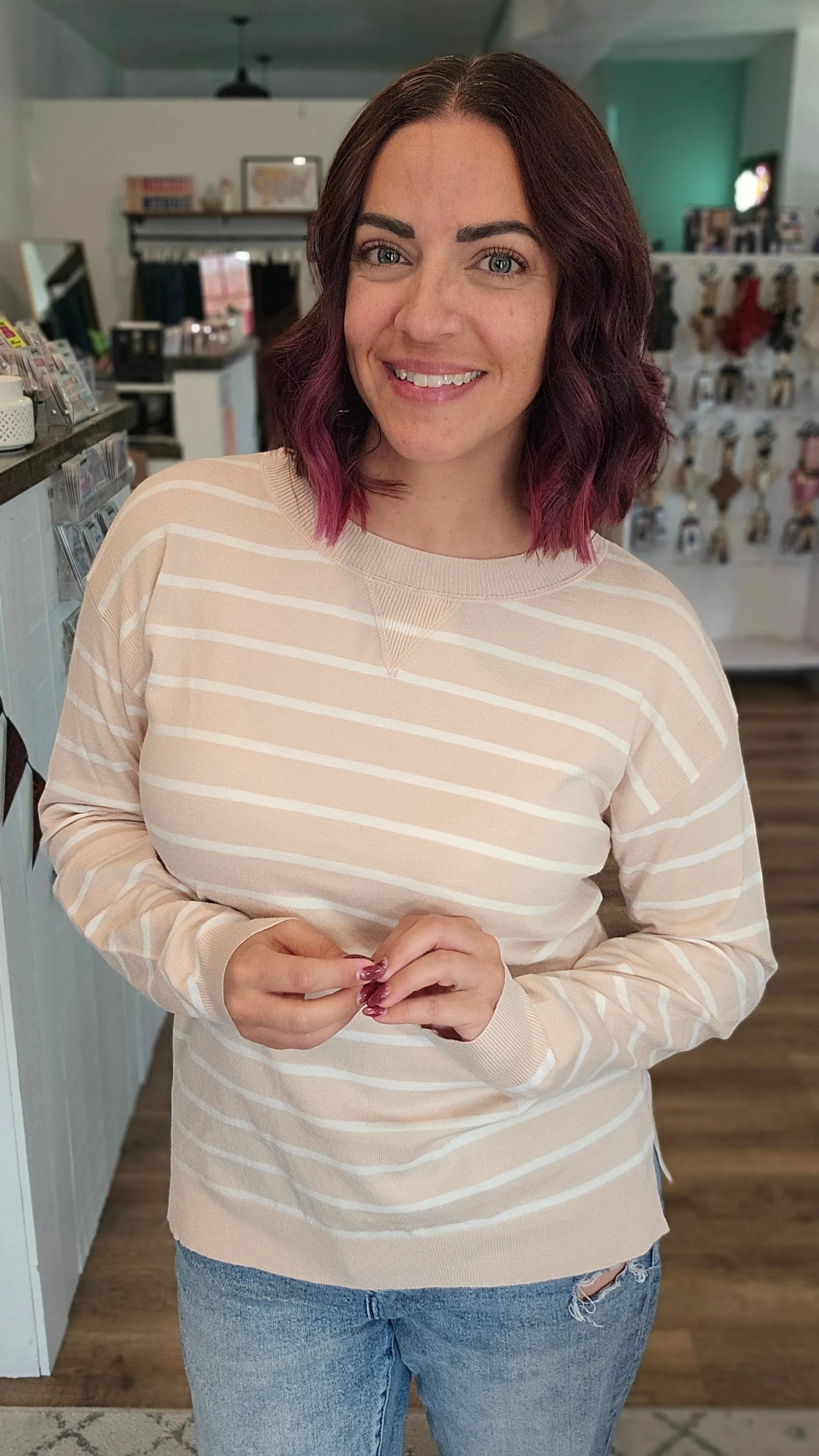 Shop Luxe Striped Sweater - Oatmeal & White- at Ruby Joy Boutique, a Women's Clothing Store in Pickerington, Ohio