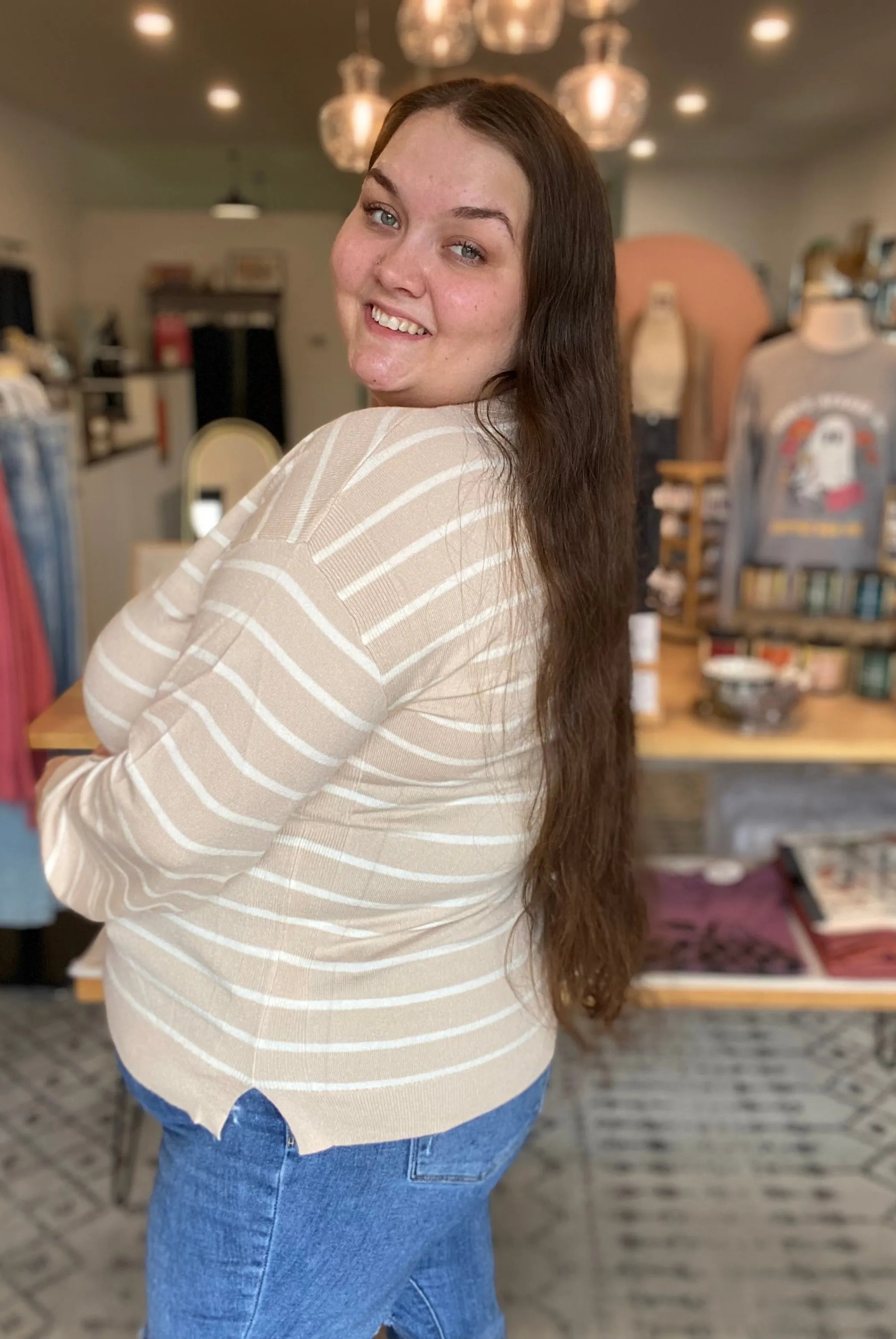Shop Luxe Striped Sweater - Oatmeal & White- at Ruby Joy Boutique, a Women's Clothing Store in Pickerington, Ohio