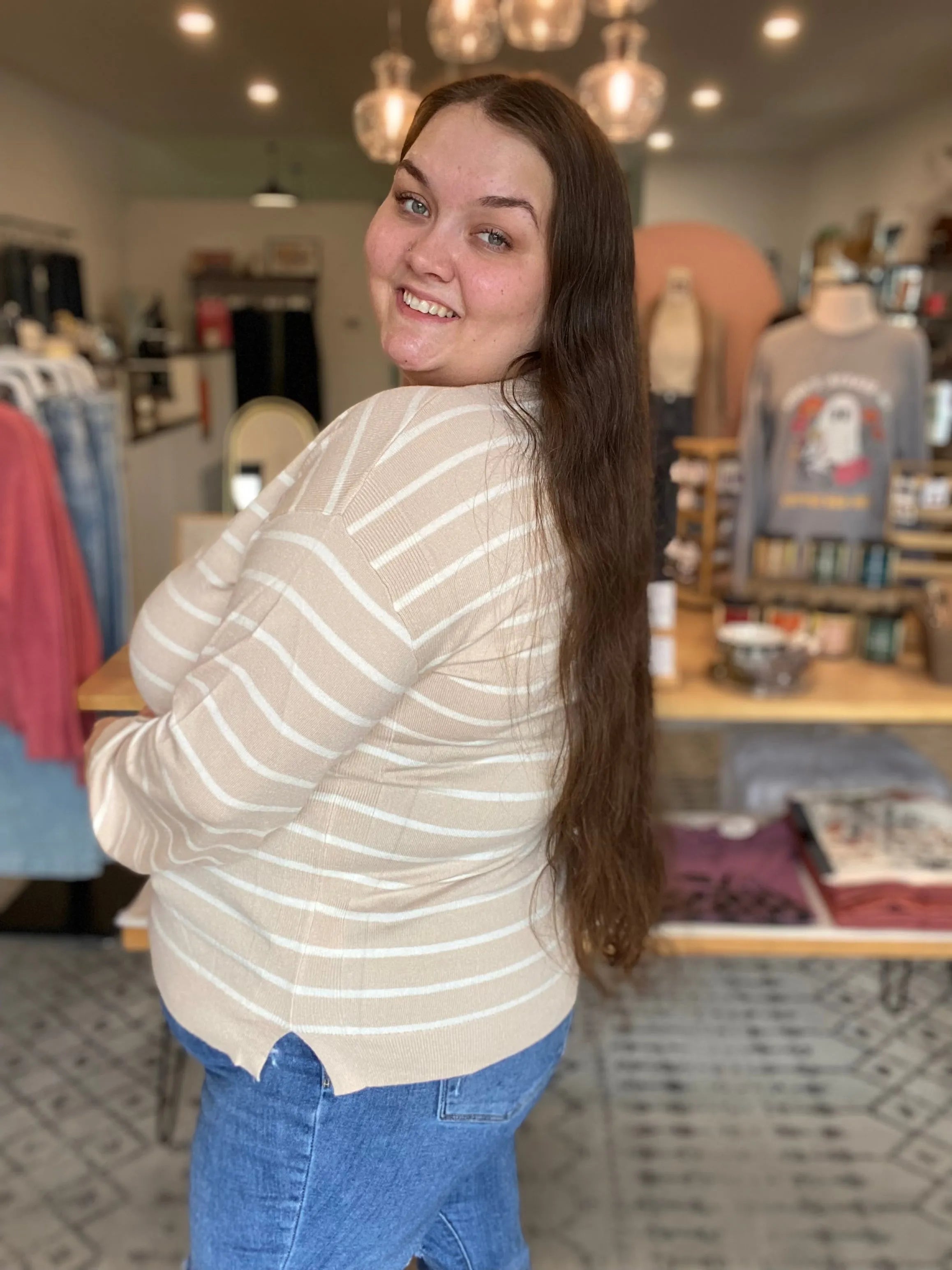 Shop Luxe Striped Sweater - Oatmeal & White- at Ruby Joy Boutique, a Women's Clothing Store in Pickerington, Ohio