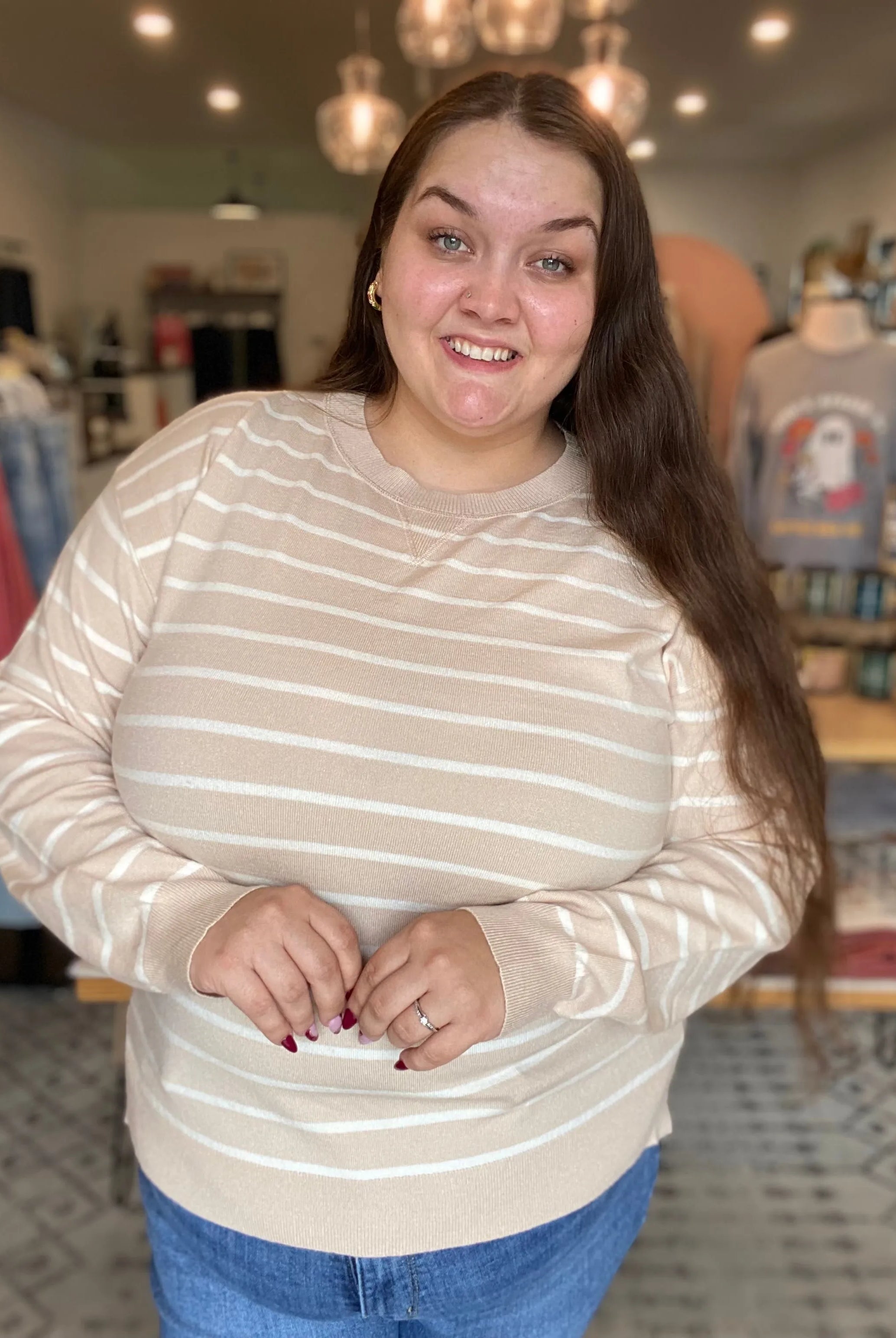 Shop Luxe Striped Sweater - Oatmeal & White- at Ruby Joy Boutique, a Women's Clothing Store in Pickerington, Ohio