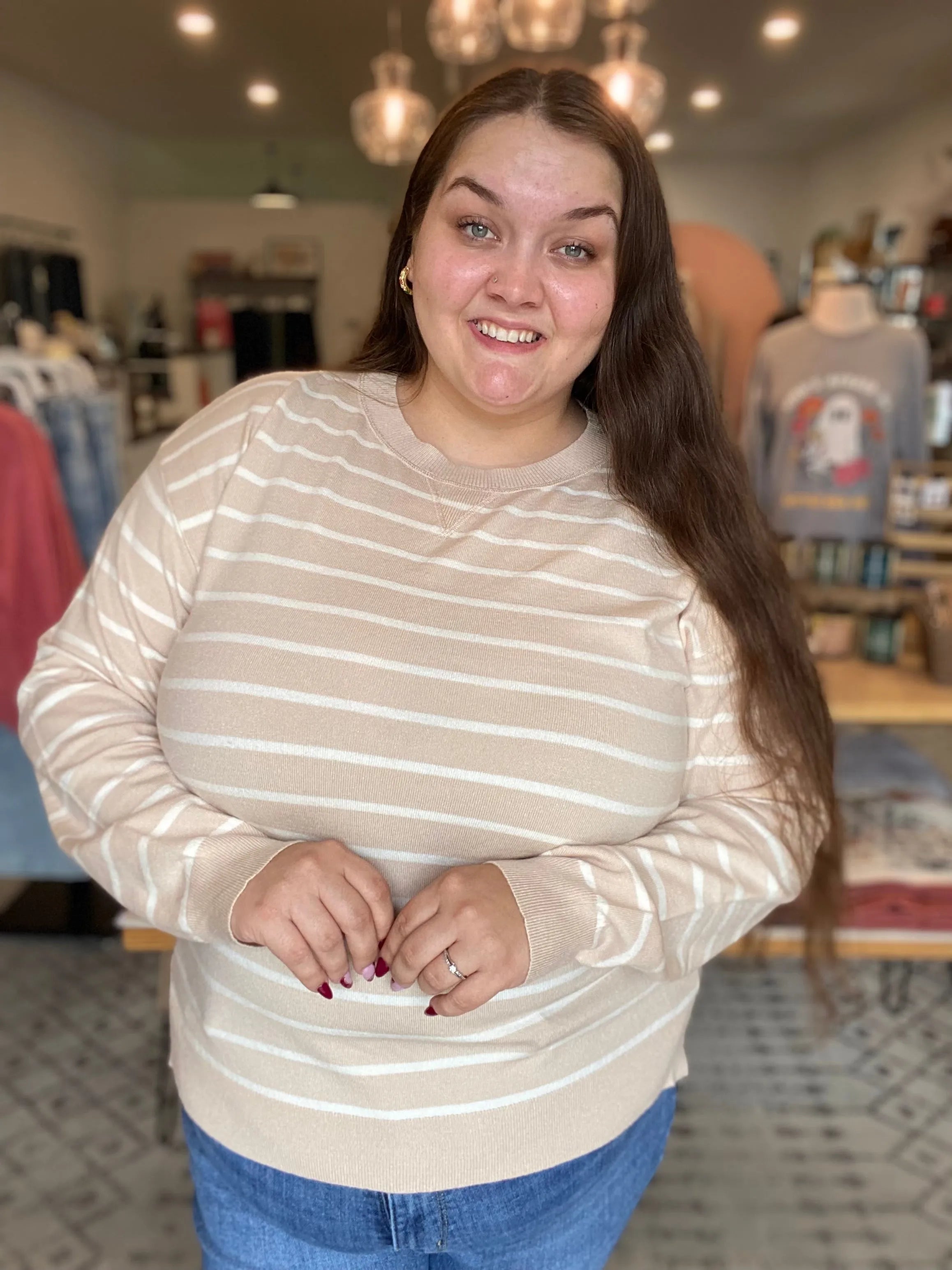 Shop Luxe Striped Sweater - Oatmeal & White- at Ruby Joy Boutique, a Women's Clothing Store in Pickerington, Ohio