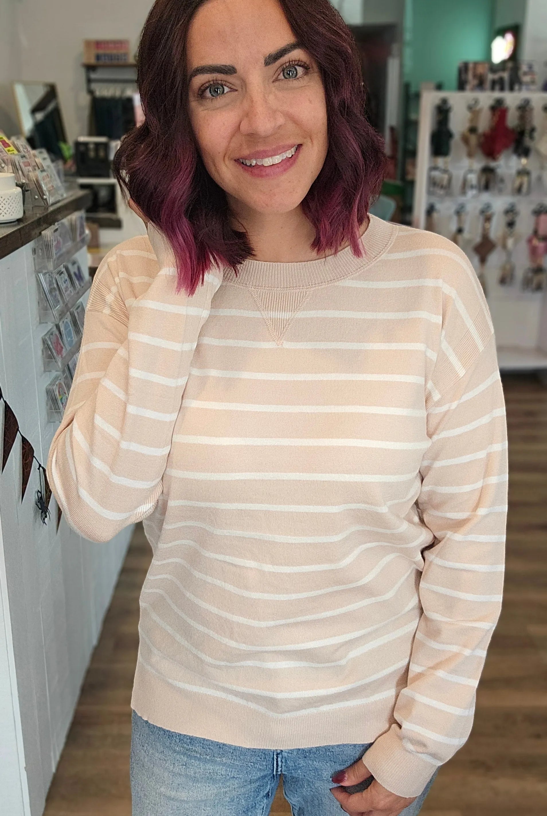 Shop Luxe Striped Sweater - Oatmeal & White- at Ruby Joy Boutique, a Women's Clothing Store in Pickerington, Ohio