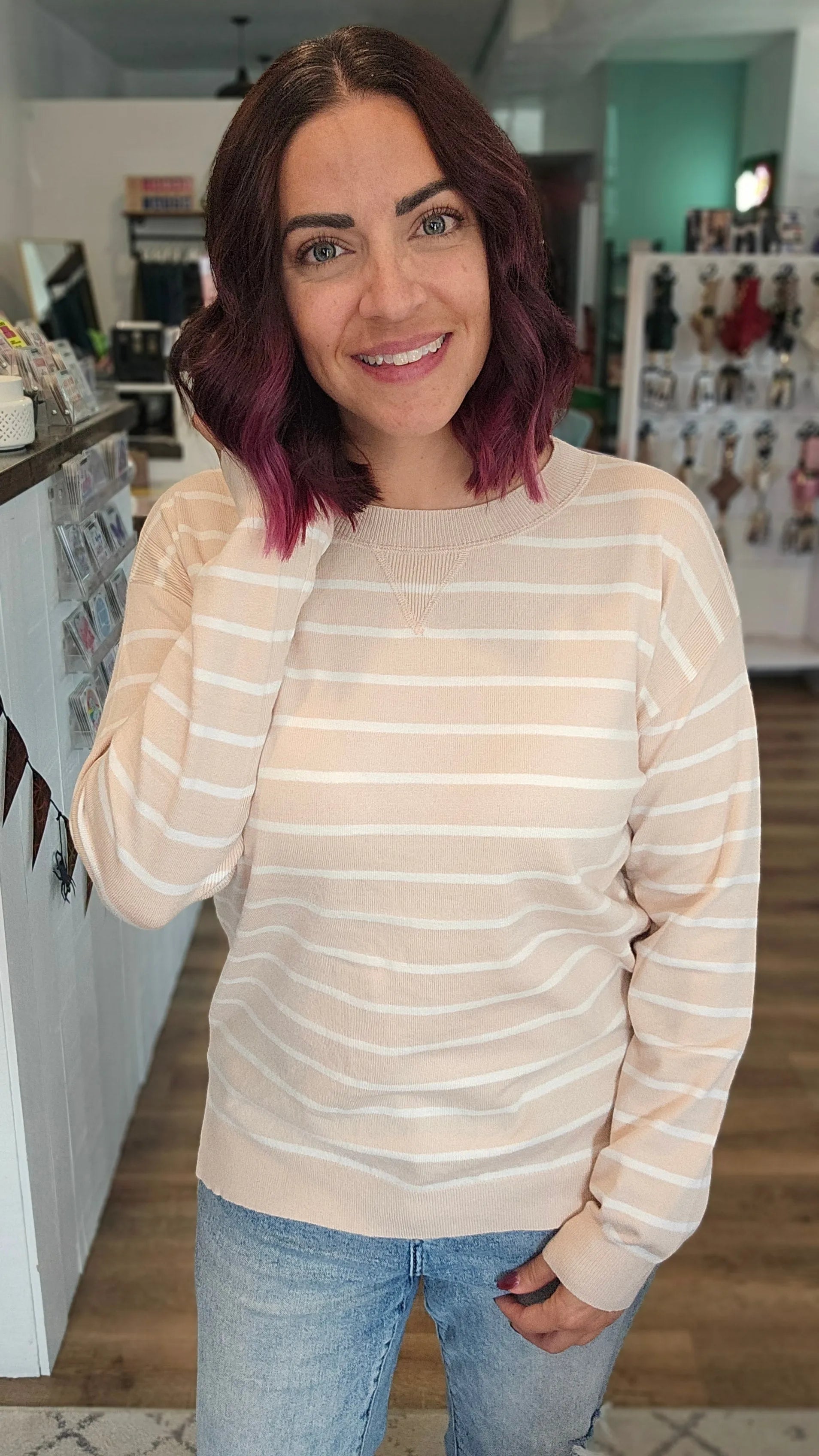 Shop Luxe Striped Sweater - Oatmeal & White- at Ruby Joy Boutique, a Women's Clothing Store in Pickerington, Ohio