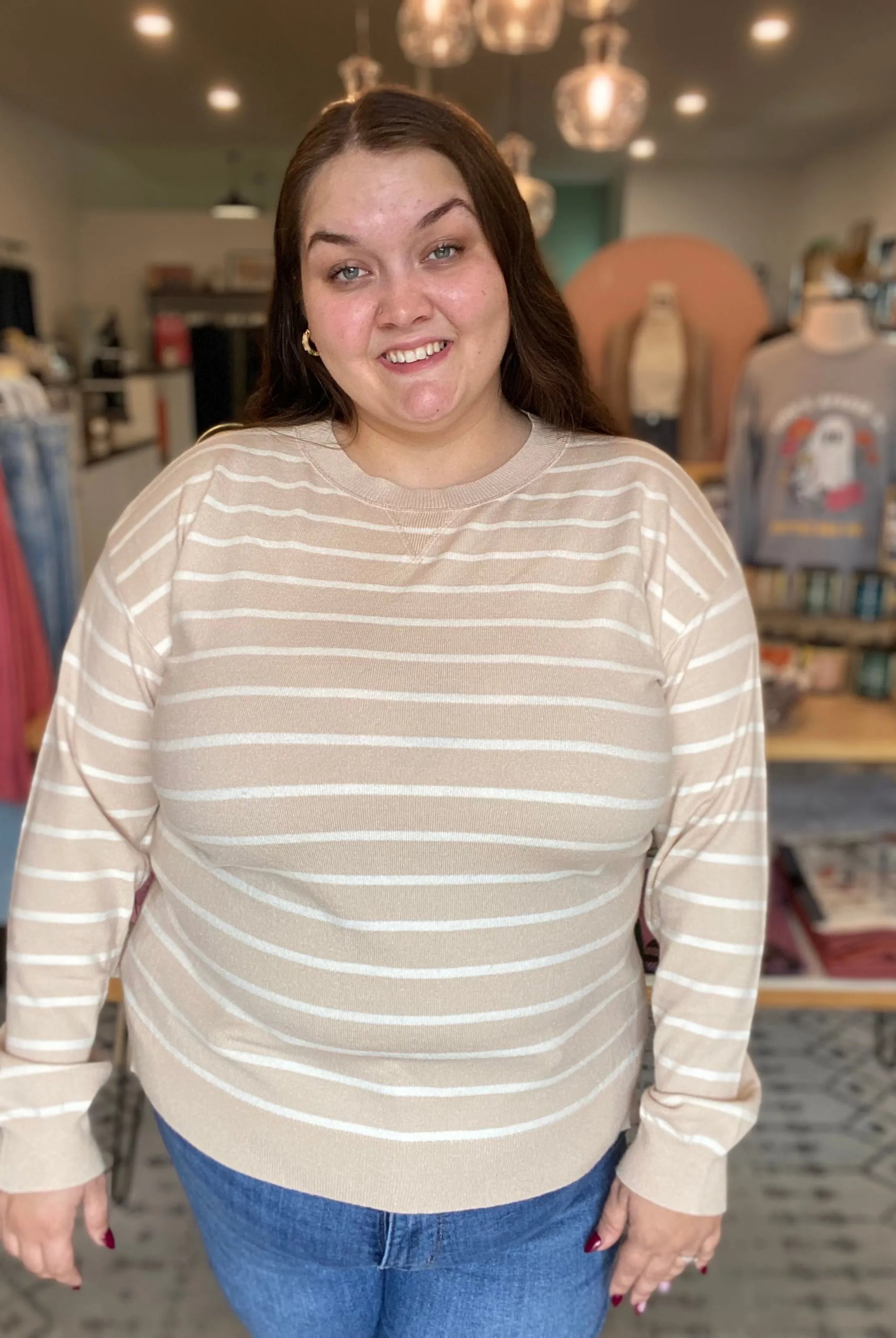 Shop Luxe Striped Sweater - Oatmeal & White-XL at Ruby Joy Boutique, a Women's Clothing Store in Pickerington, Ohio