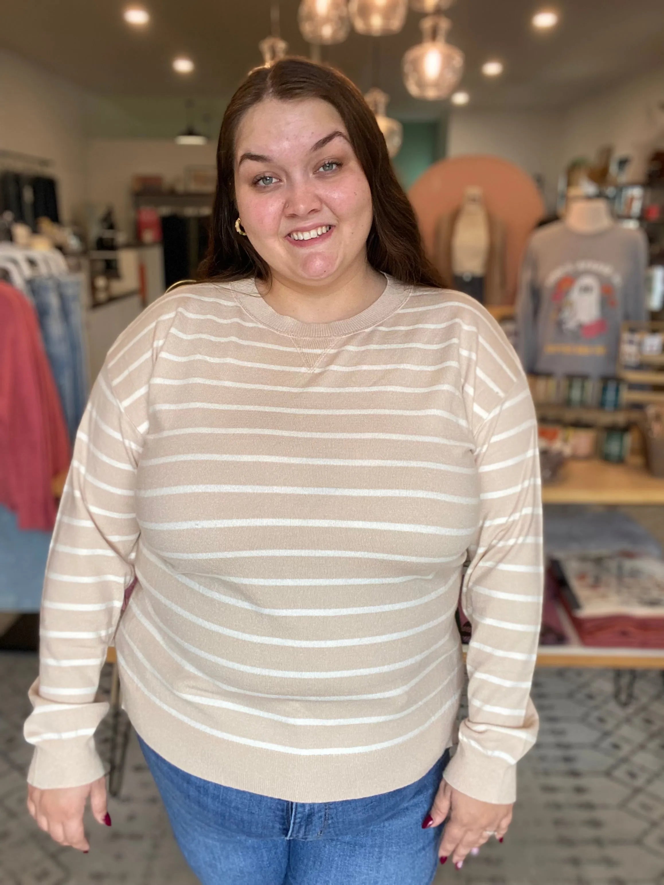 Shop Luxe Striped Sweater - Oatmeal & White-XL at Ruby Joy Boutique, a Women's Clothing Store in Pickerington, Ohio
