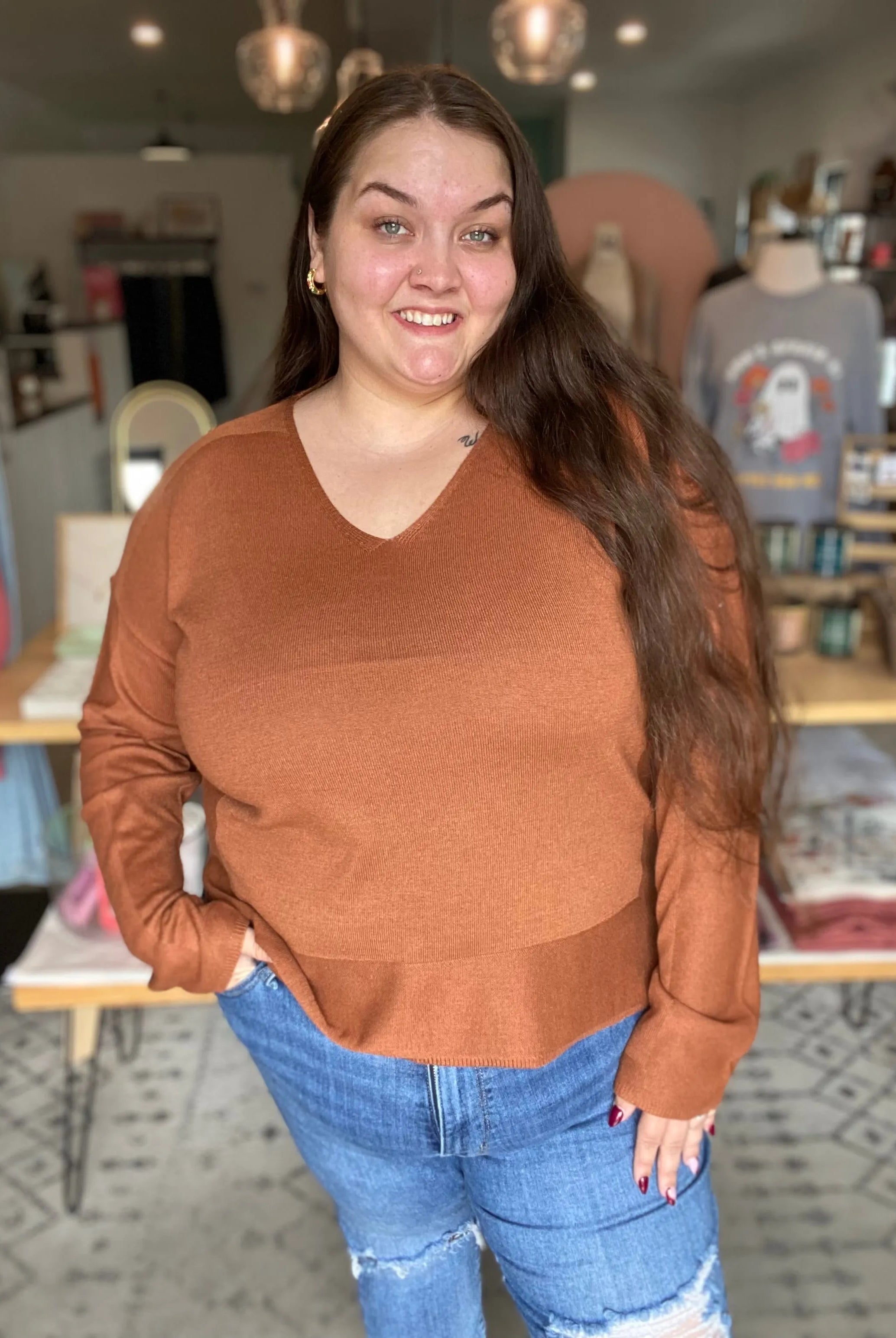 Shop Luxe V-neck Sweater - Copper- at Ruby Joy Boutique, a Women's Clothing Store in Pickerington, Ohio