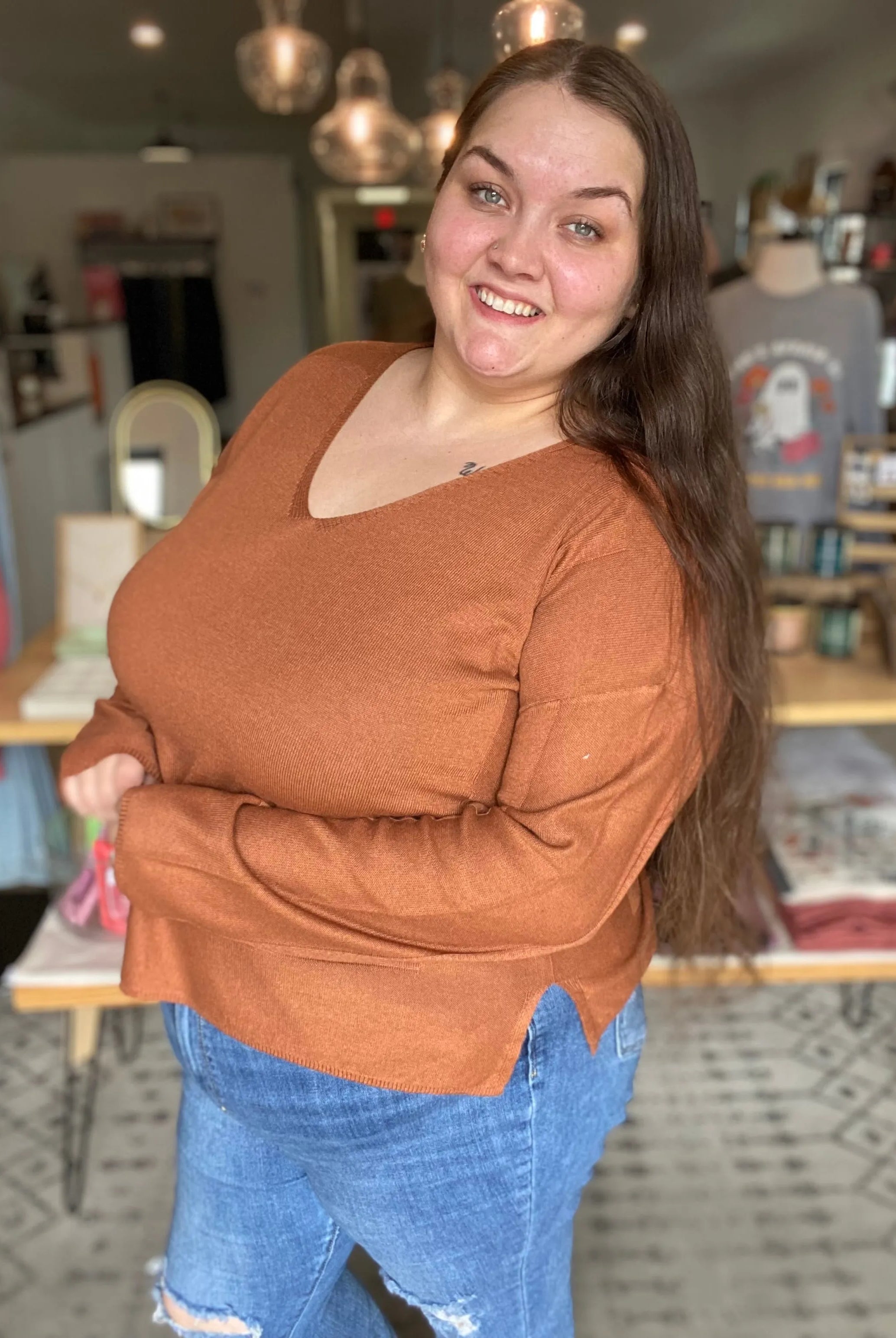 Shop Luxe V-neck Sweater - Copper- at Ruby Joy Boutique, a Women's Clothing Store in Pickerington, Ohio