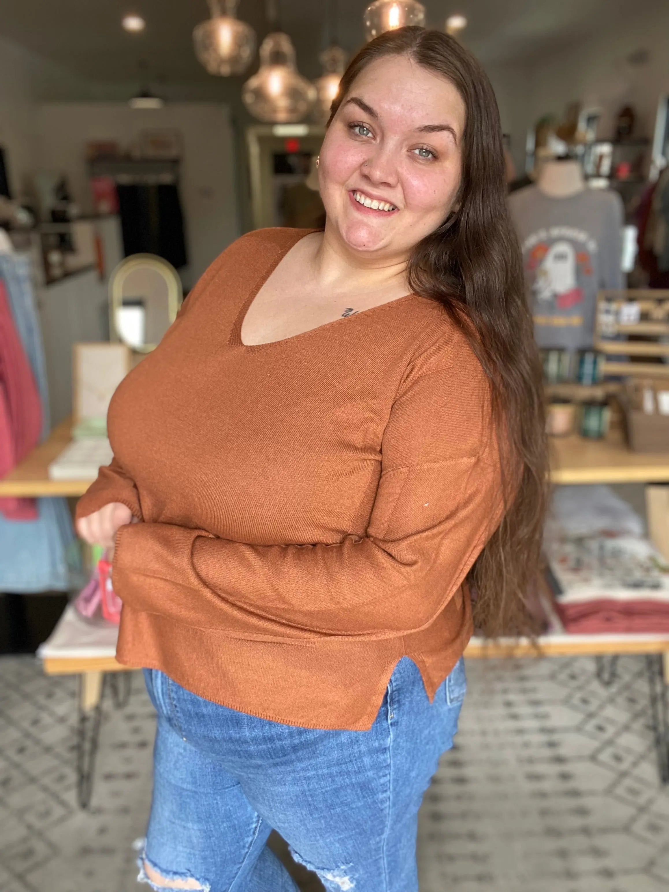 Shop Luxe V-neck Sweater - Copper- at Ruby Joy Boutique, a Women's Clothing Store in Pickerington, Ohio