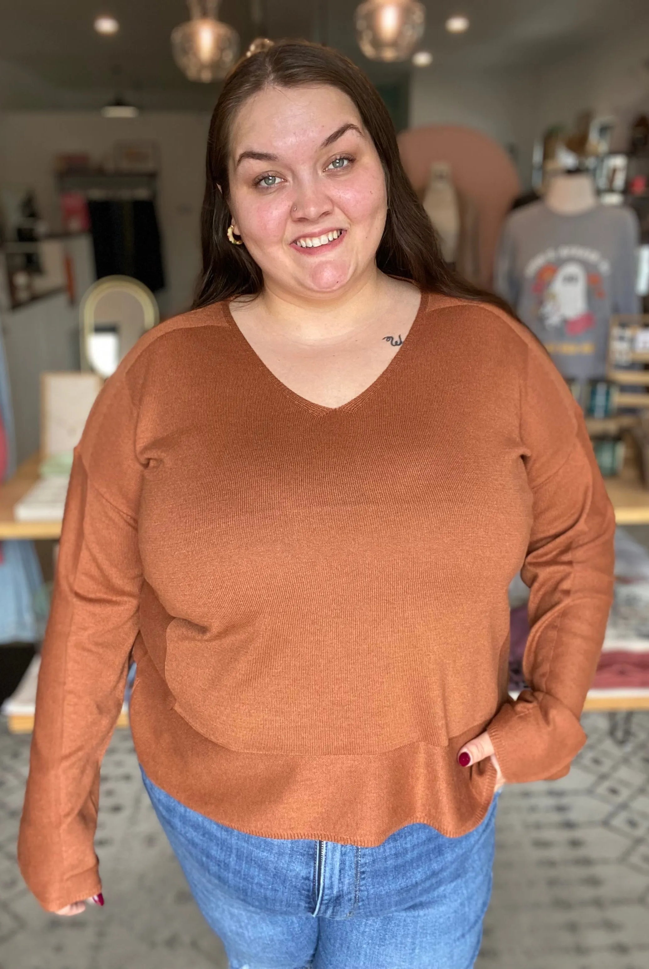 Shop Luxe V-neck Sweater - Copper- at Ruby Joy Boutique, a Women's Clothing Store in Pickerington, Ohio