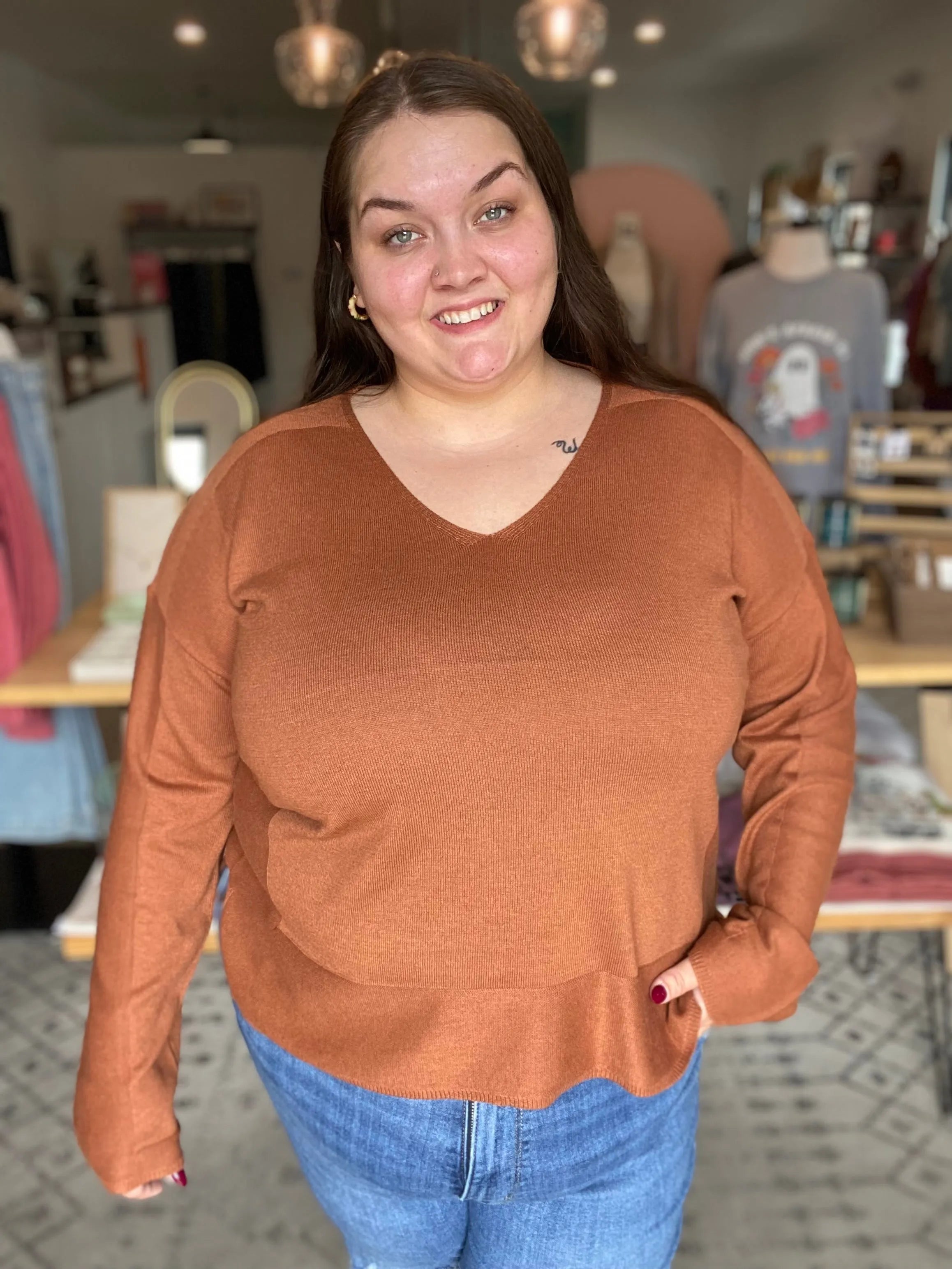 Shop Luxe V-neck Sweater - Copper- at Ruby Joy Boutique, a Women's Clothing Store in Pickerington, Ohio