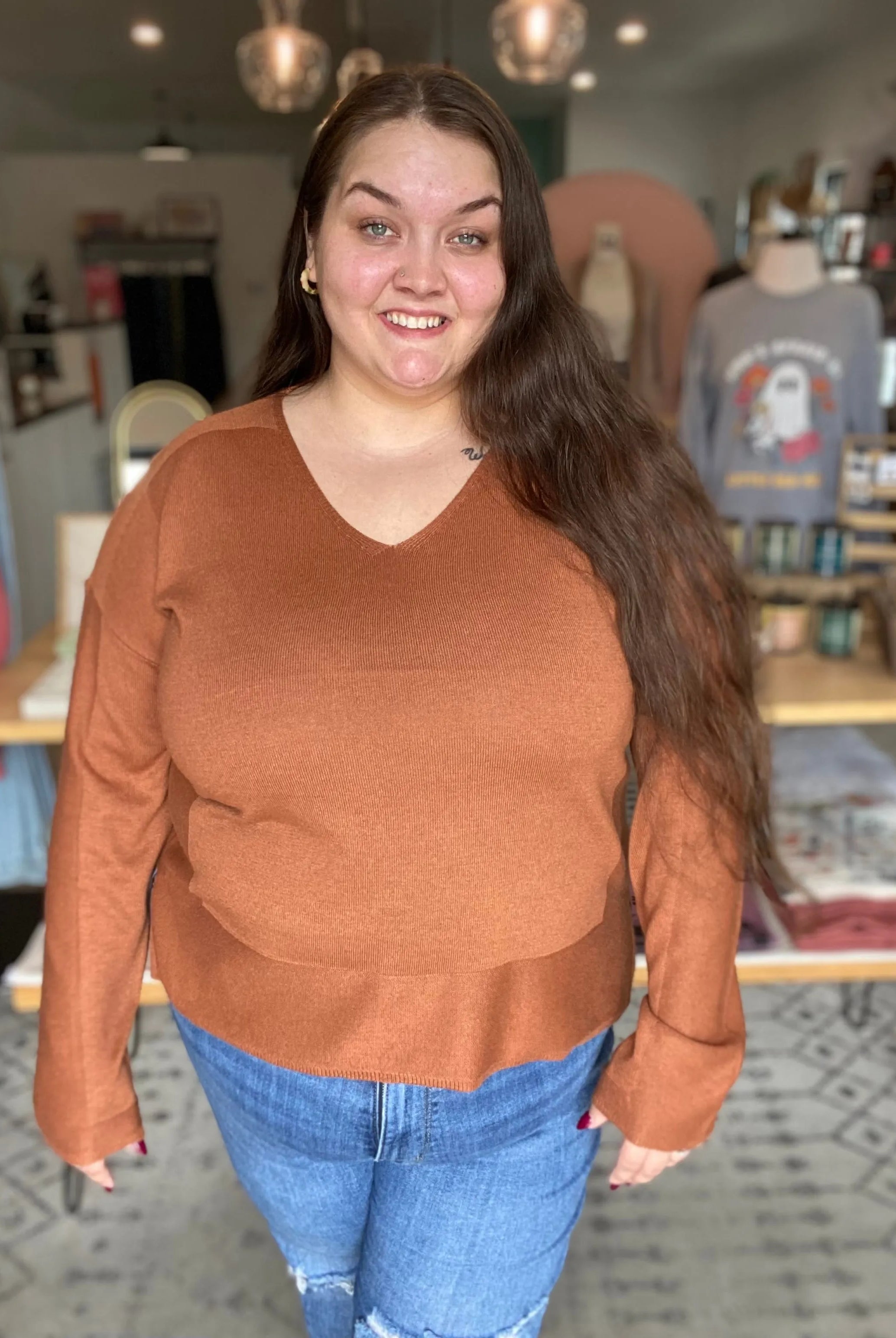 Shop Luxe V-neck Sweater - Copper-XL at Ruby Joy Boutique, a Women's Clothing Store in Pickerington, Ohio