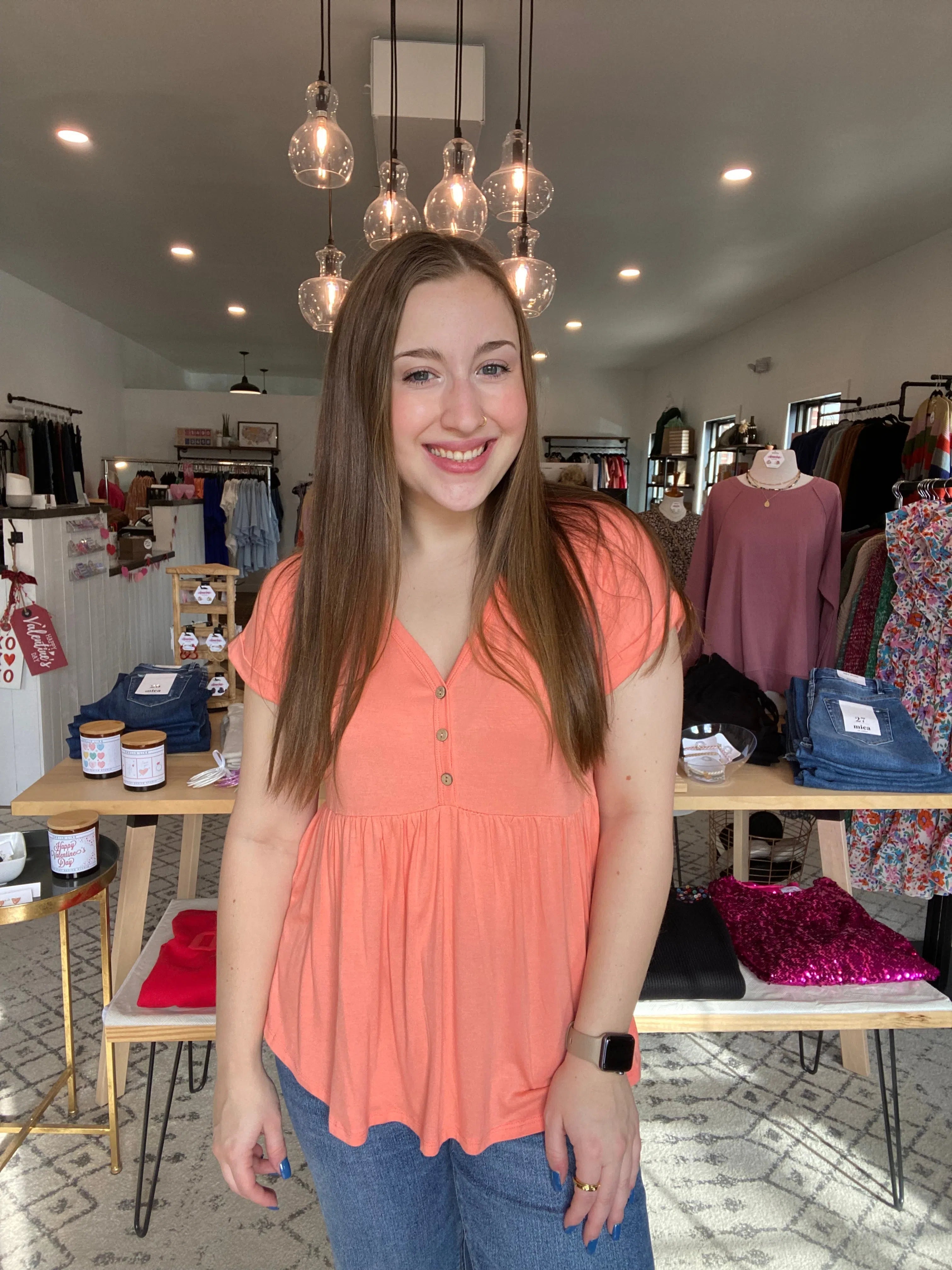 Shop Malia Bamboo Babydoll Top with Buttons - Tropical Coral-Shirts & Tops at Ruby Joy Boutique, a Women's Clothing Store in Pickerington, Ohio