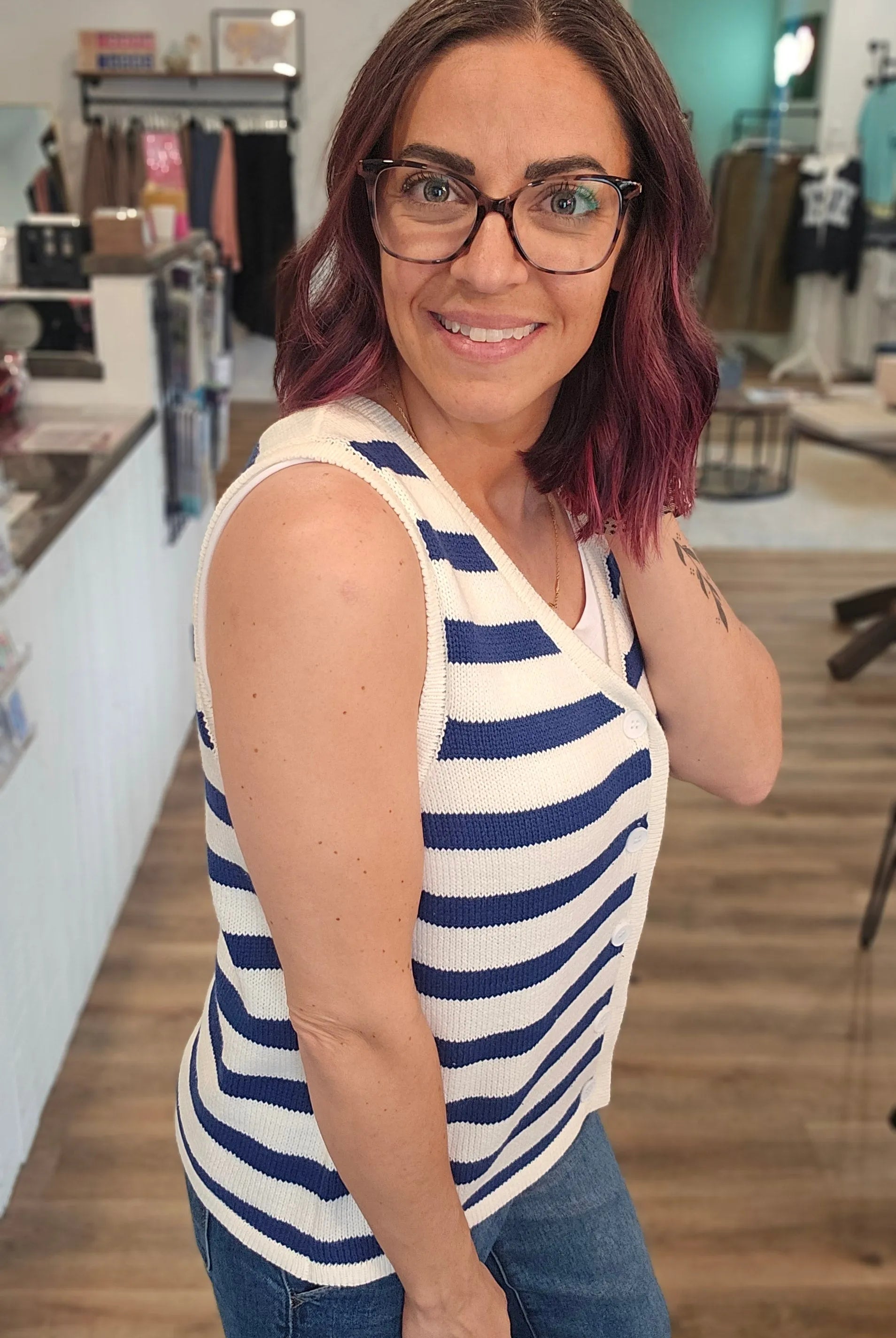 Shop Marina Striped Button-Front Sweater Vest- at Ruby Joy Boutique, a Women's Clothing Store in Pickerington, Ohio