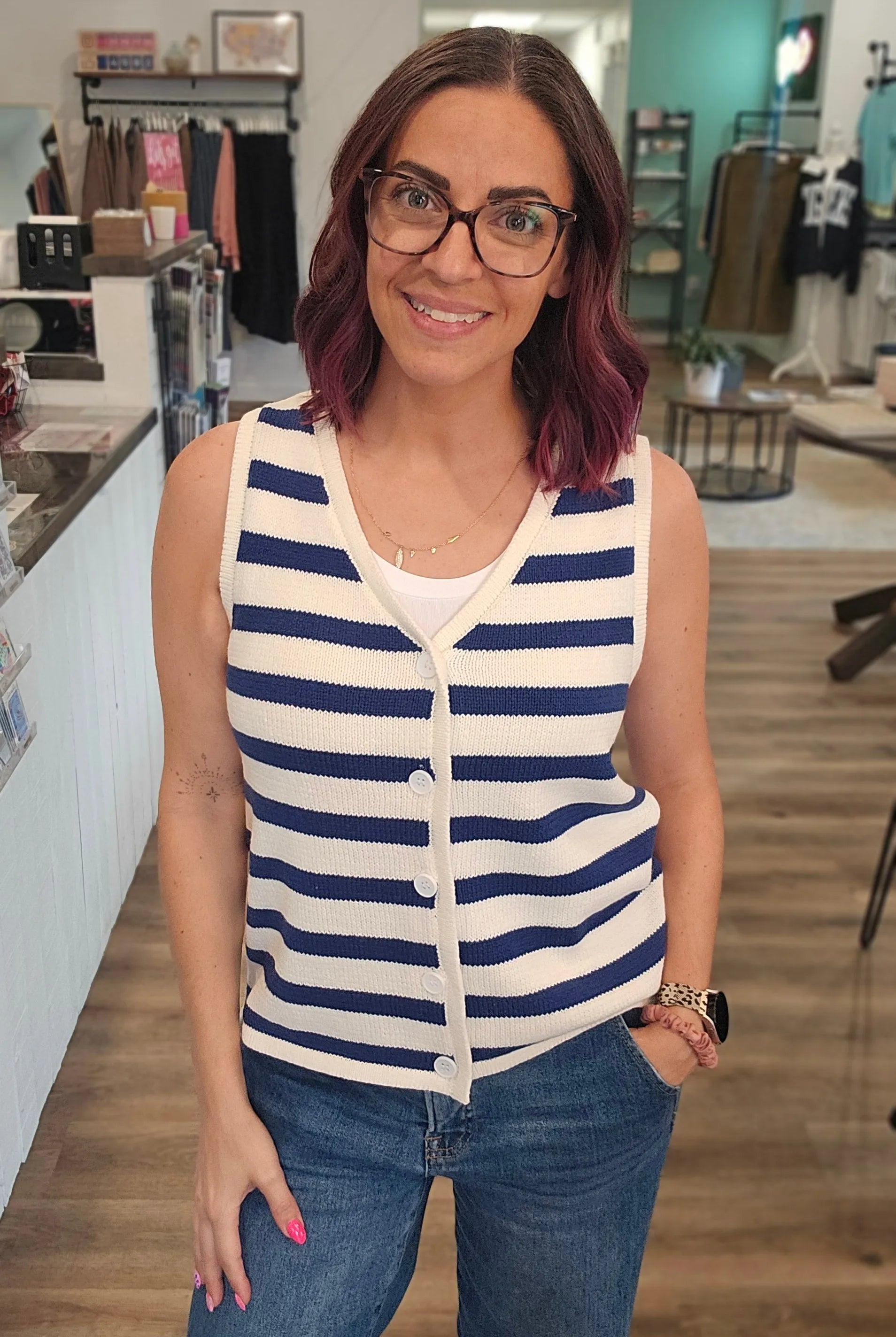 Shop Marina Striped Button-Front Sweater Vest- at Ruby Joy Boutique, a Women's Clothing Store in Pickerington, Ohio