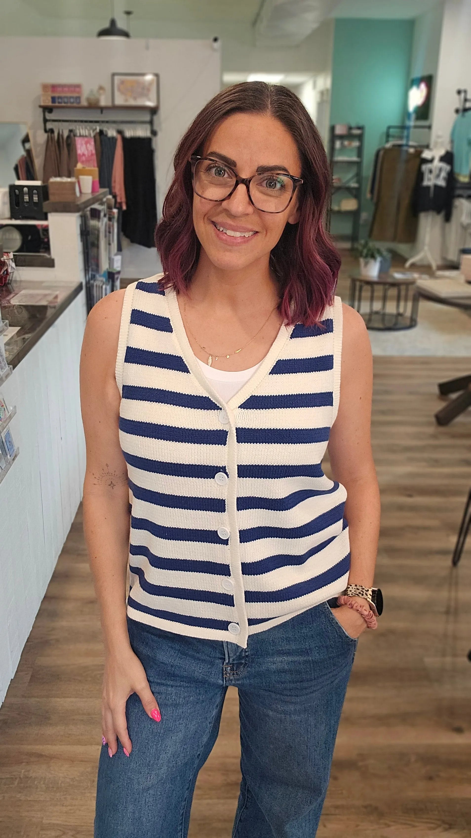 Shop Marina Striped Button-Front Sweater Vest- at Ruby Joy Boutique, a Women's Clothing Store in Pickerington, Ohio