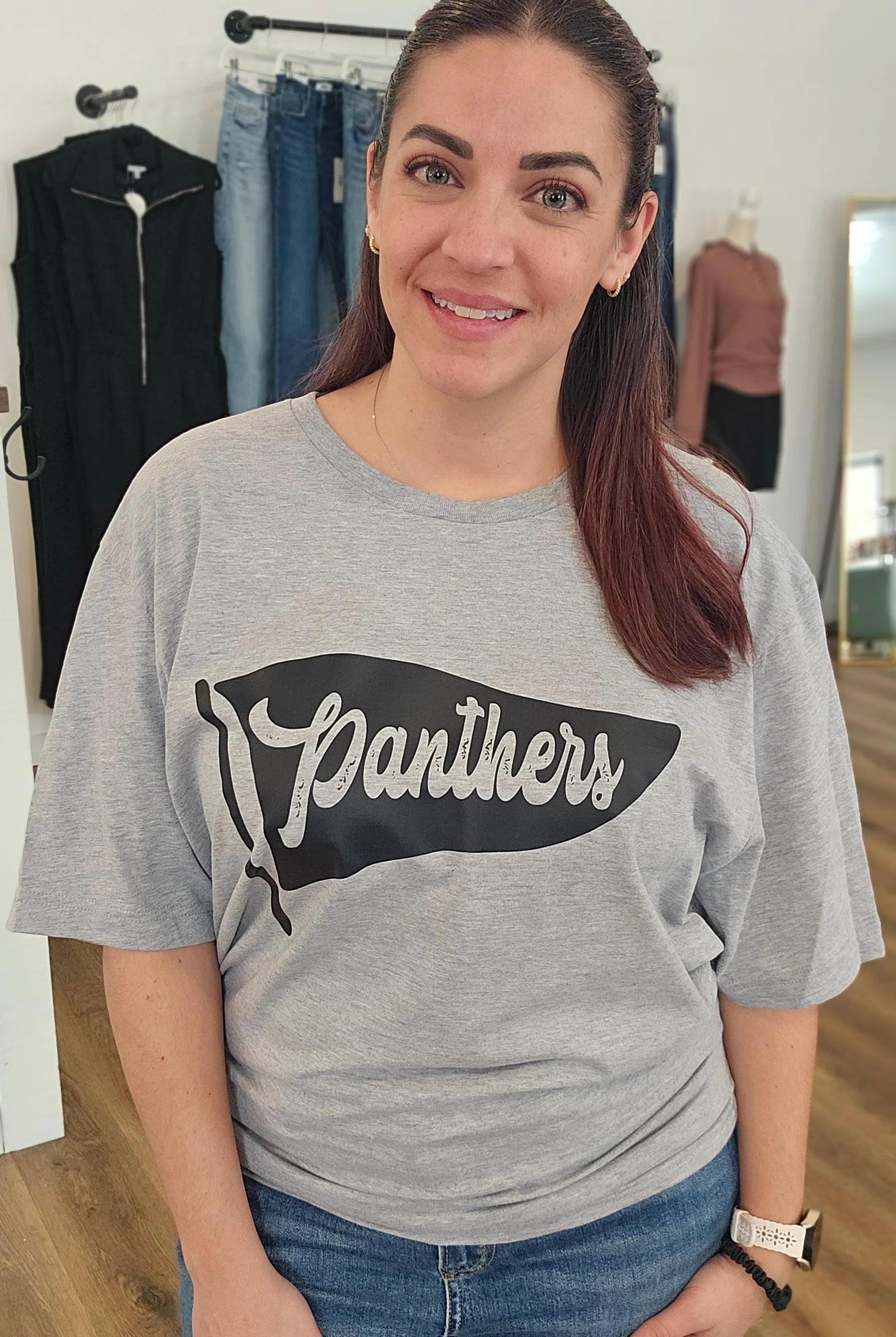 Shop Mascot Pennant Graphic - Panthers- at Ruby Joy Boutique, a Women's Clothing Store in Pickerington, Ohio