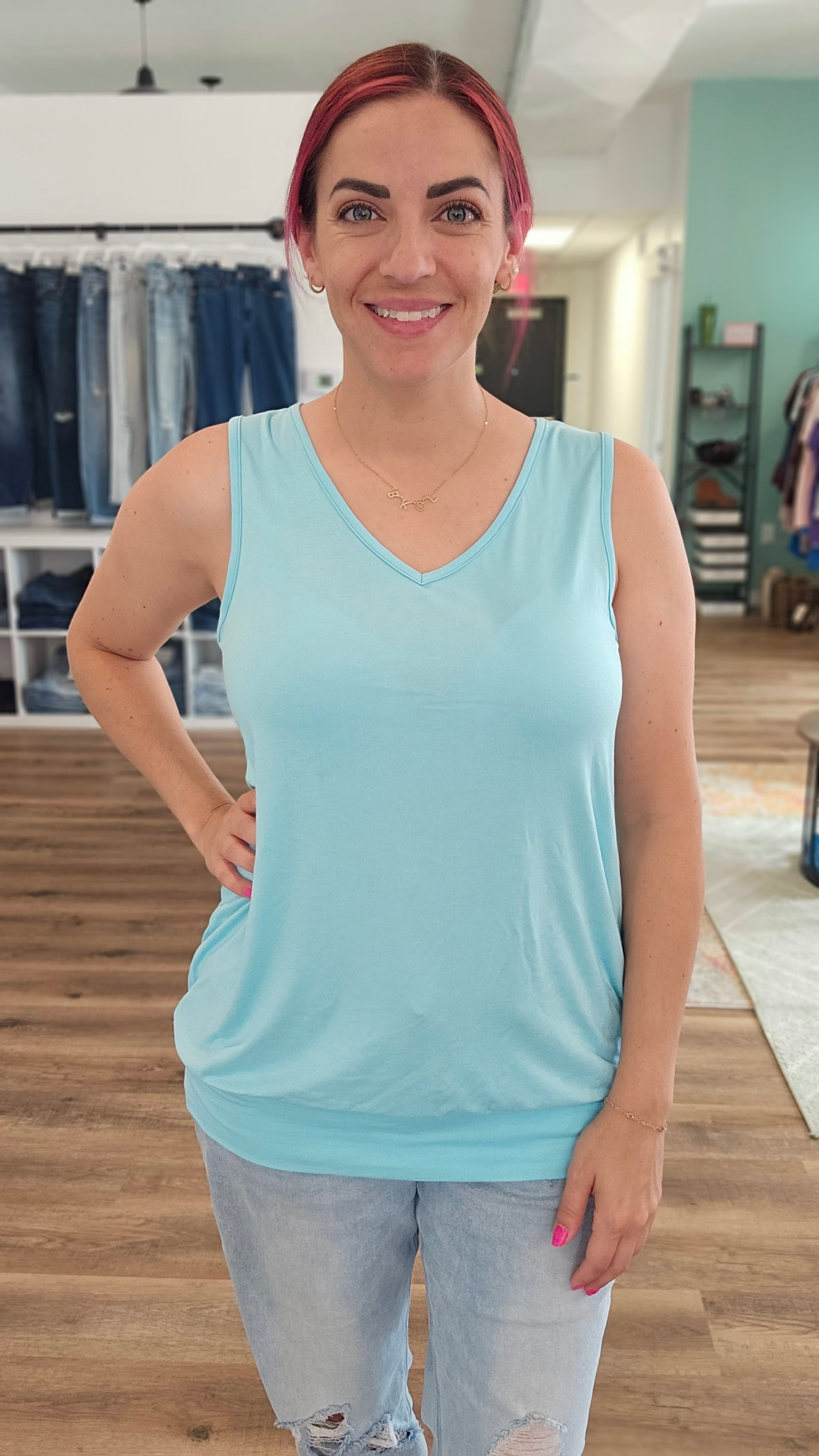 Shop Michele Banded Bottom Tank-Tank Top at Ruby Joy Boutique, a Women's Clothing Store in Pickerington, Ohio