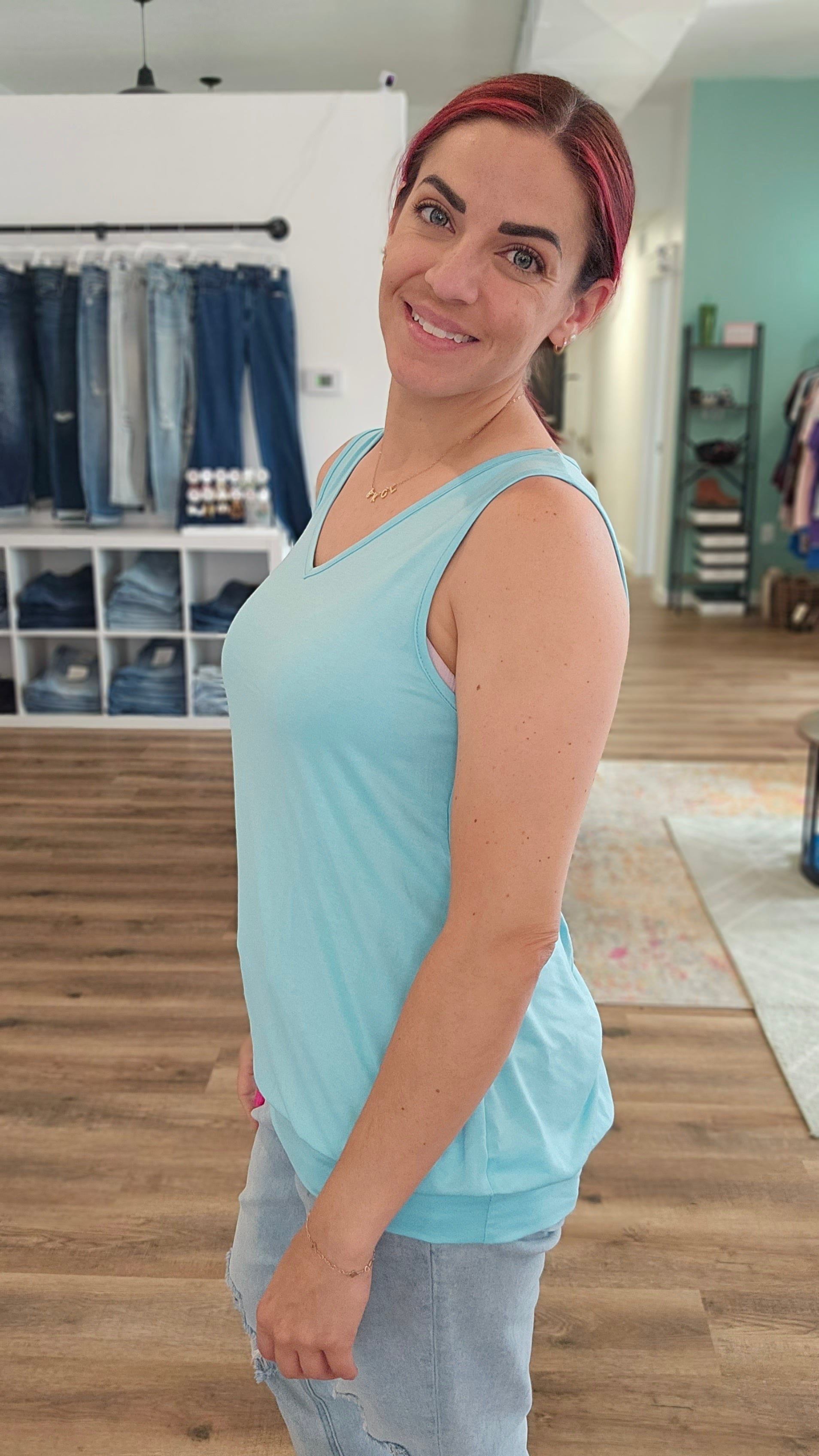 Shop Michele Banded Bottom Tank-Tank Top at Ruby Joy Boutique, a Women's Clothing Store in Pickerington, Ohio