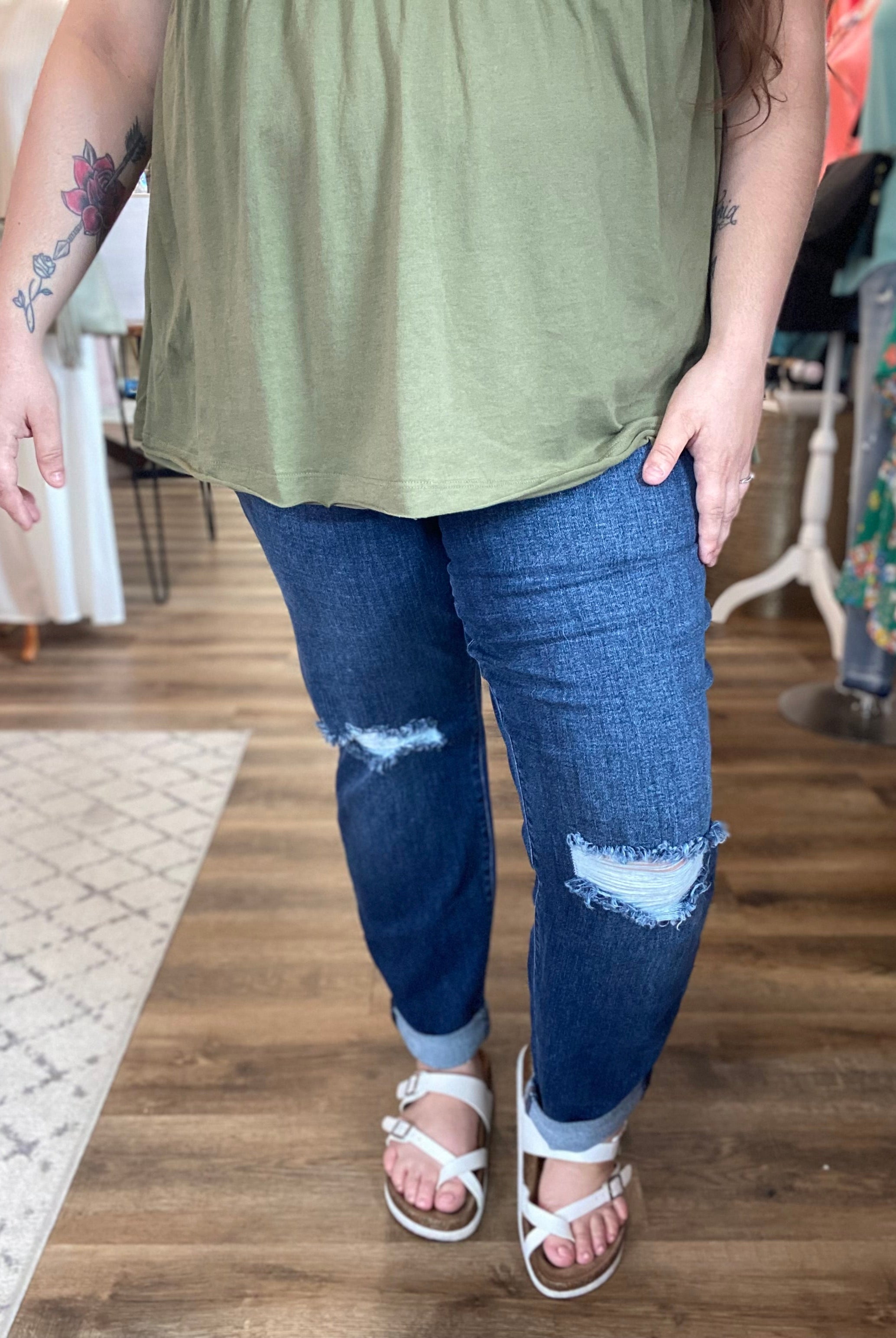 Shop Mid Rise Destroy Slim Cuffed Jeans | Judy Blue-Jeans at Ruby Joy Boutique, a Women's Clothing Store in Pickerington, Ohio
