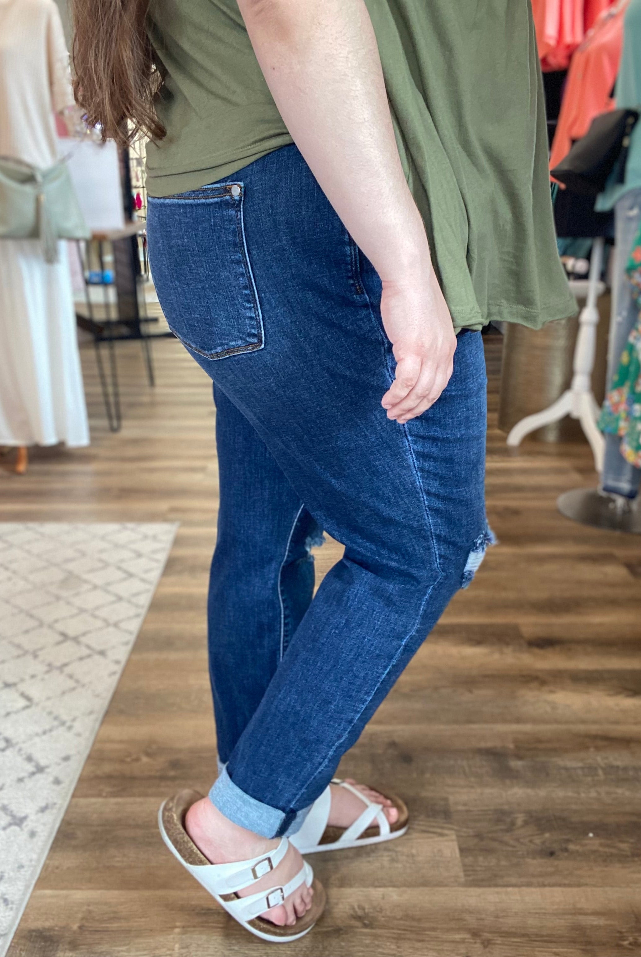 Shop Mid Rise Destroy Slim Cuffed Jeans | Judy Blue-Jeans at Ruby Joy Boutique, a Women's Clothing Store in Pickerington, Ohio